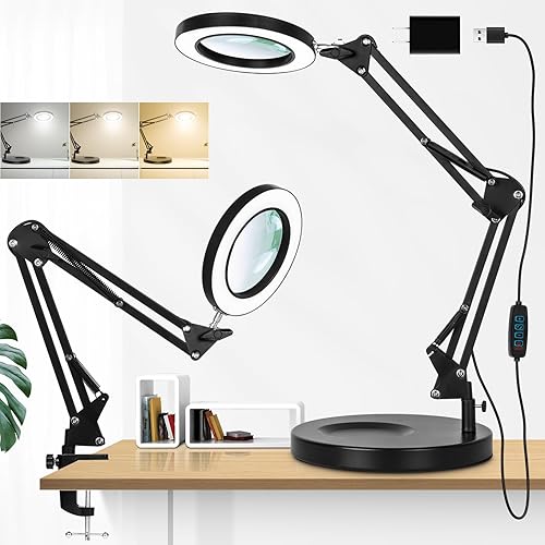 NUEYiO - Lupa de 10 veces con luz y soporte, lupa 2 en 1 con base de metal resistente con luz, lámpara LED de 2200 lúmenes, lupa iluminada con brazo