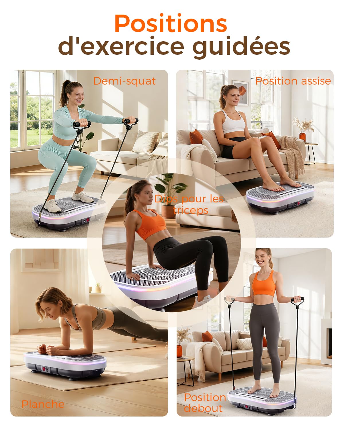 Plateforme Vibrante, Plaque Vibration Plate Fitness Équipement Sport Maison Entraînement Musculation, avec 4 Bandes de Résistance 120 Niveaux d'Intensité Haut Parleur Bluetooth
