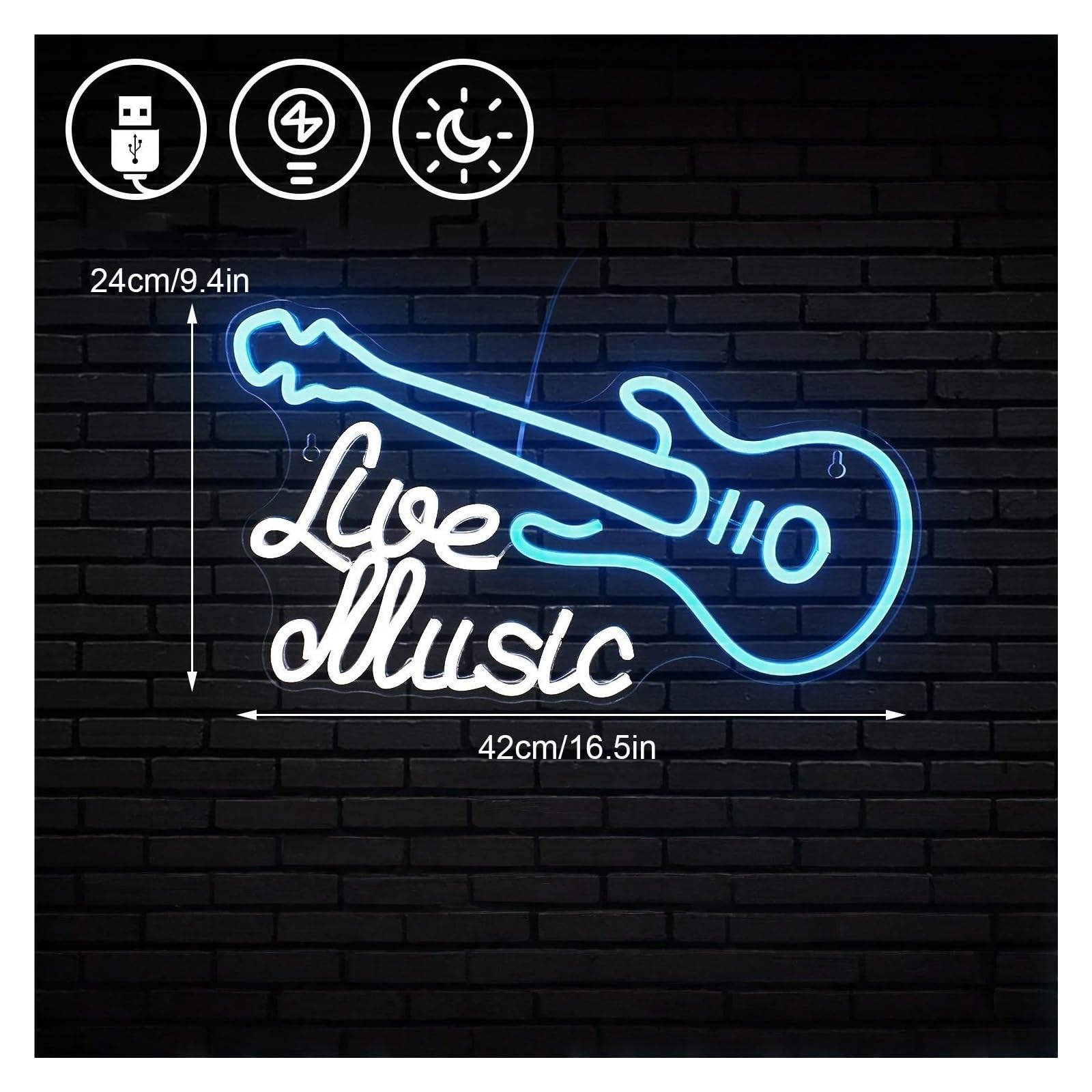 Wiszące neony artystyczne Neon "Muzyka Na Żywo" Z Zasilaniem USB, Gitara, Dekoracja Ścienna Do Pokoju Muzycznego, Lampy Do Baru, Studia, Klubu, Imprezy, Dekoracyjne, 24x42cm