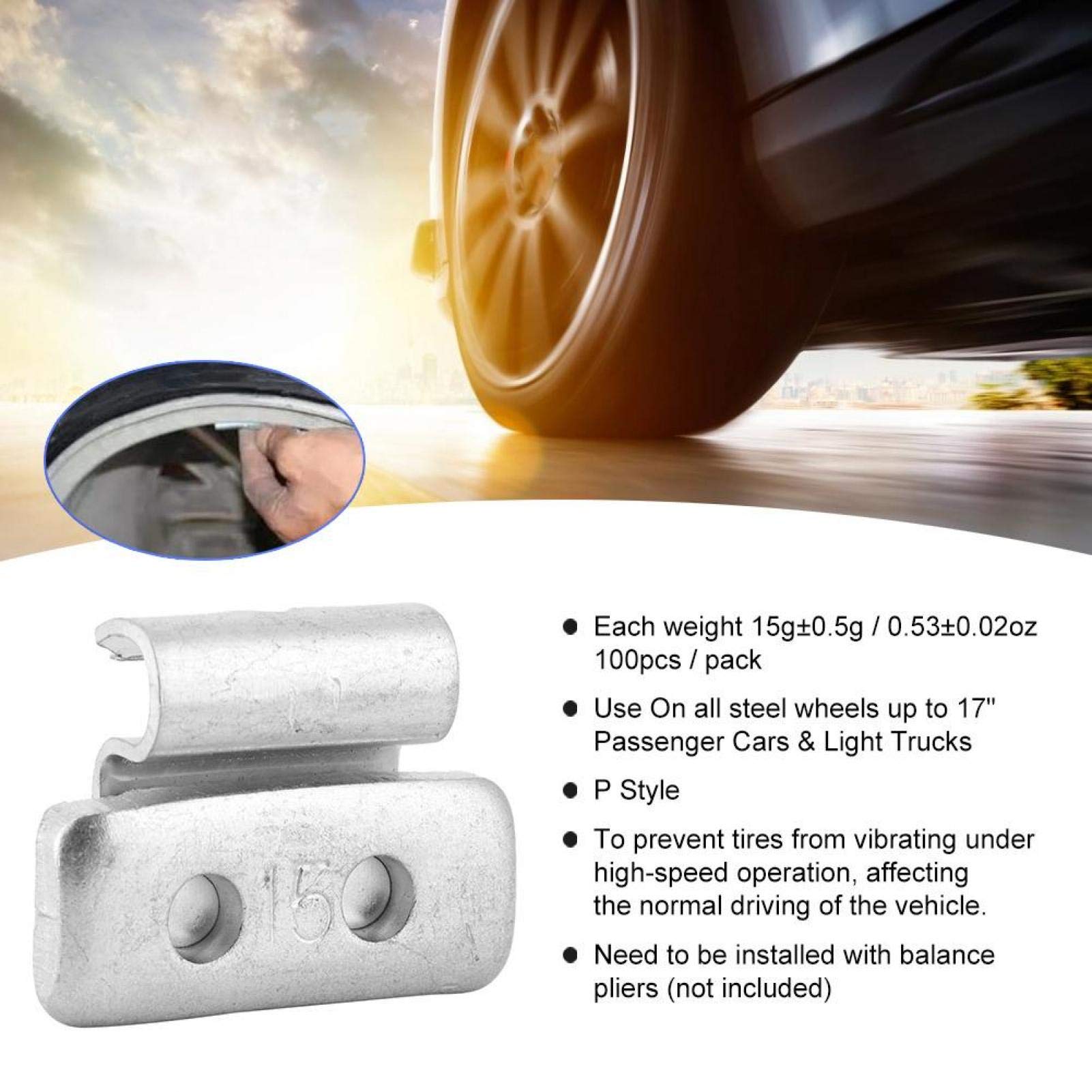 Pesi per equilibratura Ruote Pneumatici, 1 Confezione da 15 g/0,53 Once 100 Pezzi Peso Ruota Stile P Contrappeso a Clip in Lega di Alluminio per Ruote in Acciaio per autovetture e autocarri Leggeri