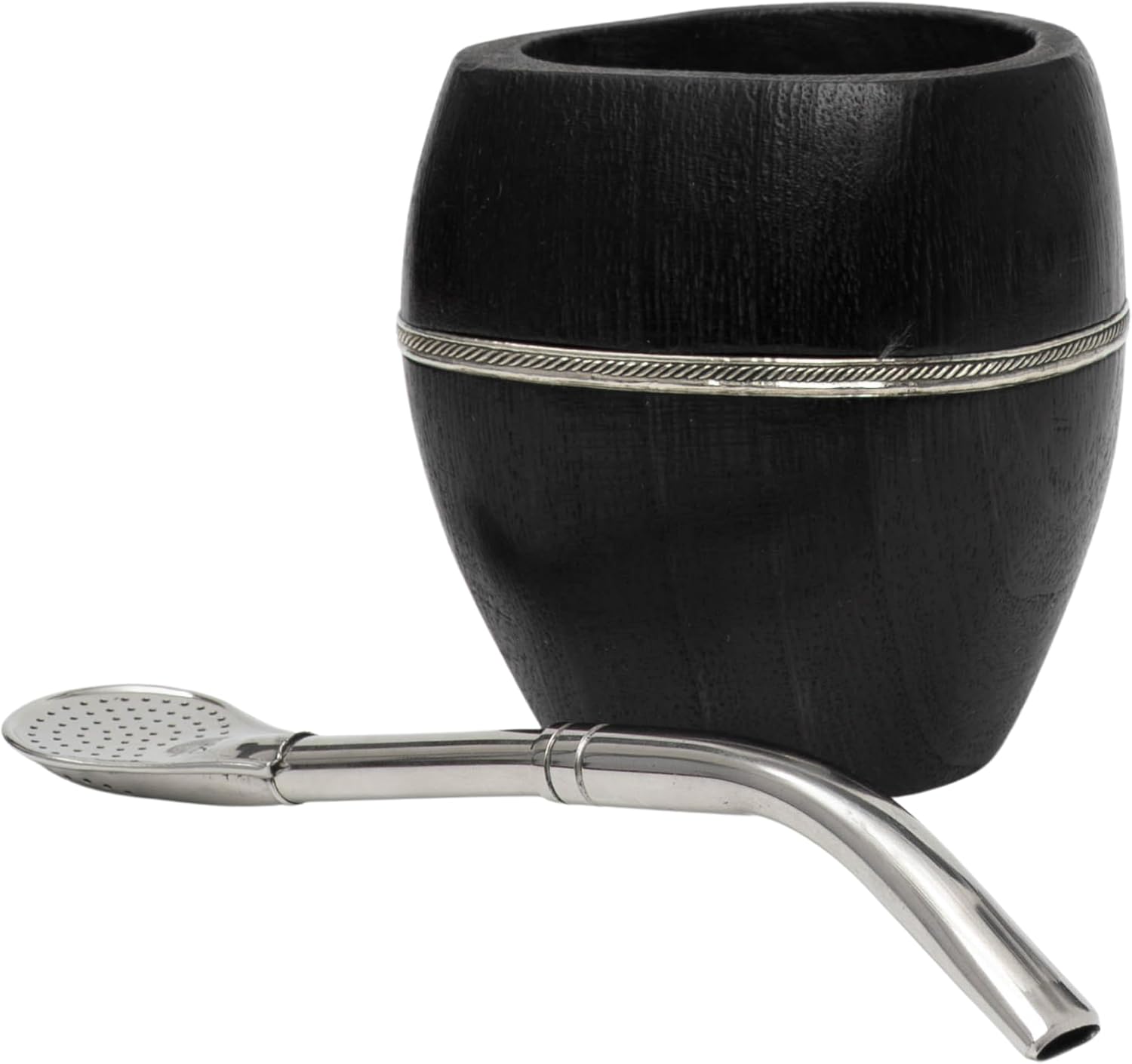 BALIBETOV Wooden Mate Gourd with Bombilla | Handmade Argentine Pampero, Alpaca Silver Band, Natural Dark Wood, Rustic Cured Finish