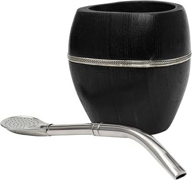 BALIBETOV Wooden Mate Gourd with Bombilla | Handmade Argentine Pampero, Alpaca Silver Band, Natural Dark Wood, Rustic Cured Finish