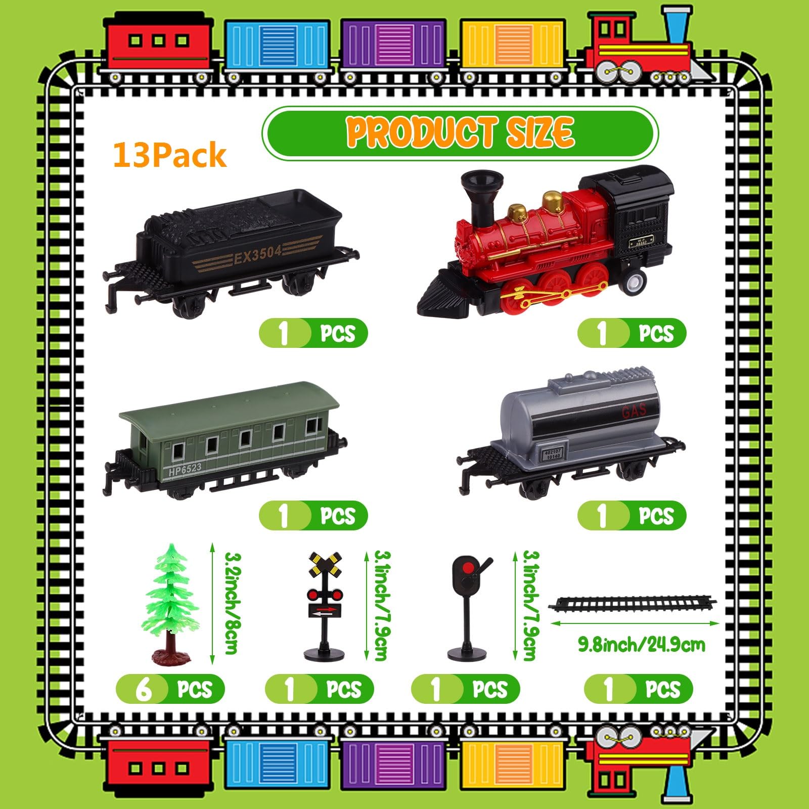 13 Pack Train Themed Cake Toppers Stand Up Train Pull-back Model Mini Train Toy Traffic Track Railway Lights Cake Decor with Green Tree Vintage Steam Engine Train Mix 8-12" Circle Cake Decorations - Image 2