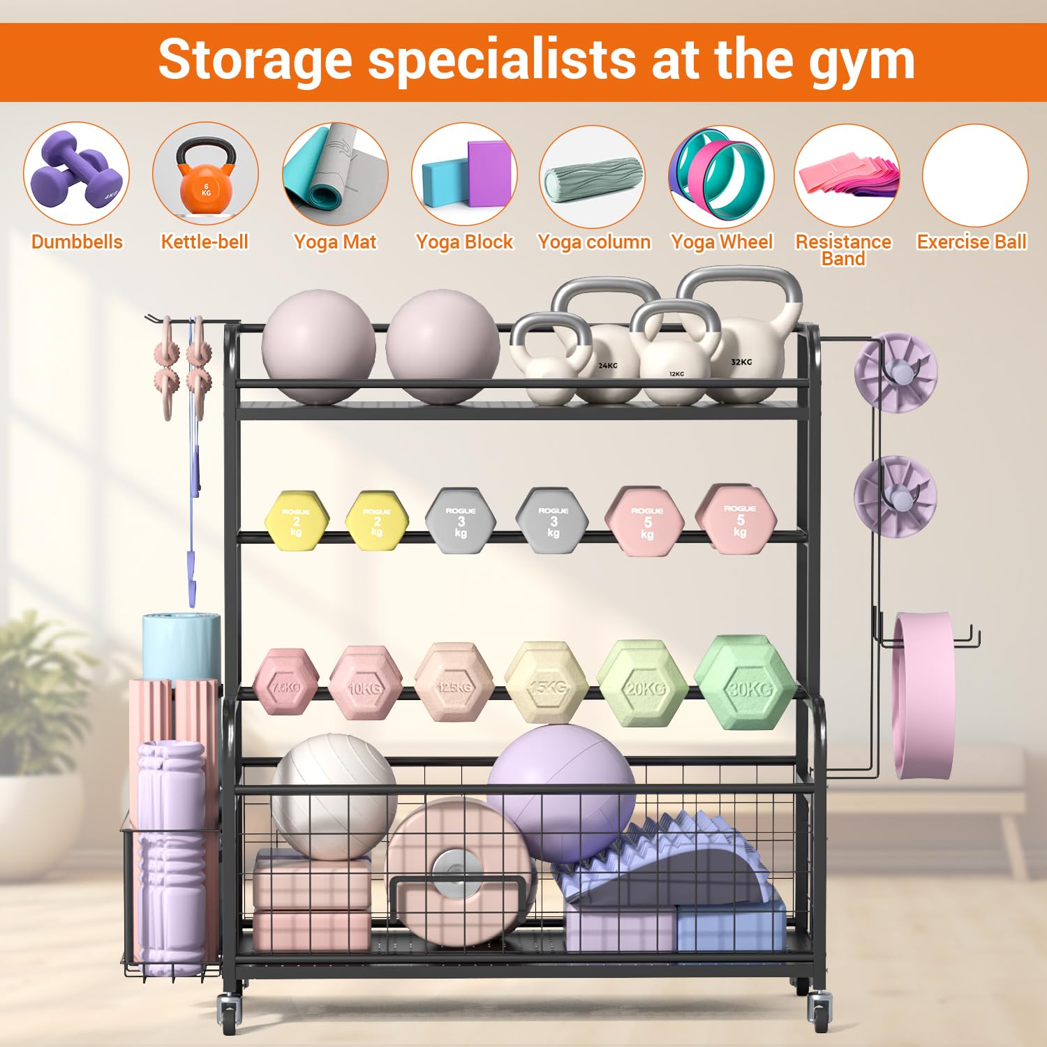 ONETWOFIT Portapacchi e organizer per manubri, kettlebell, supporto per la casa e la palestra, per tappetino da yoga, palla da yoga, rullo in schiuma, Barra di trazione