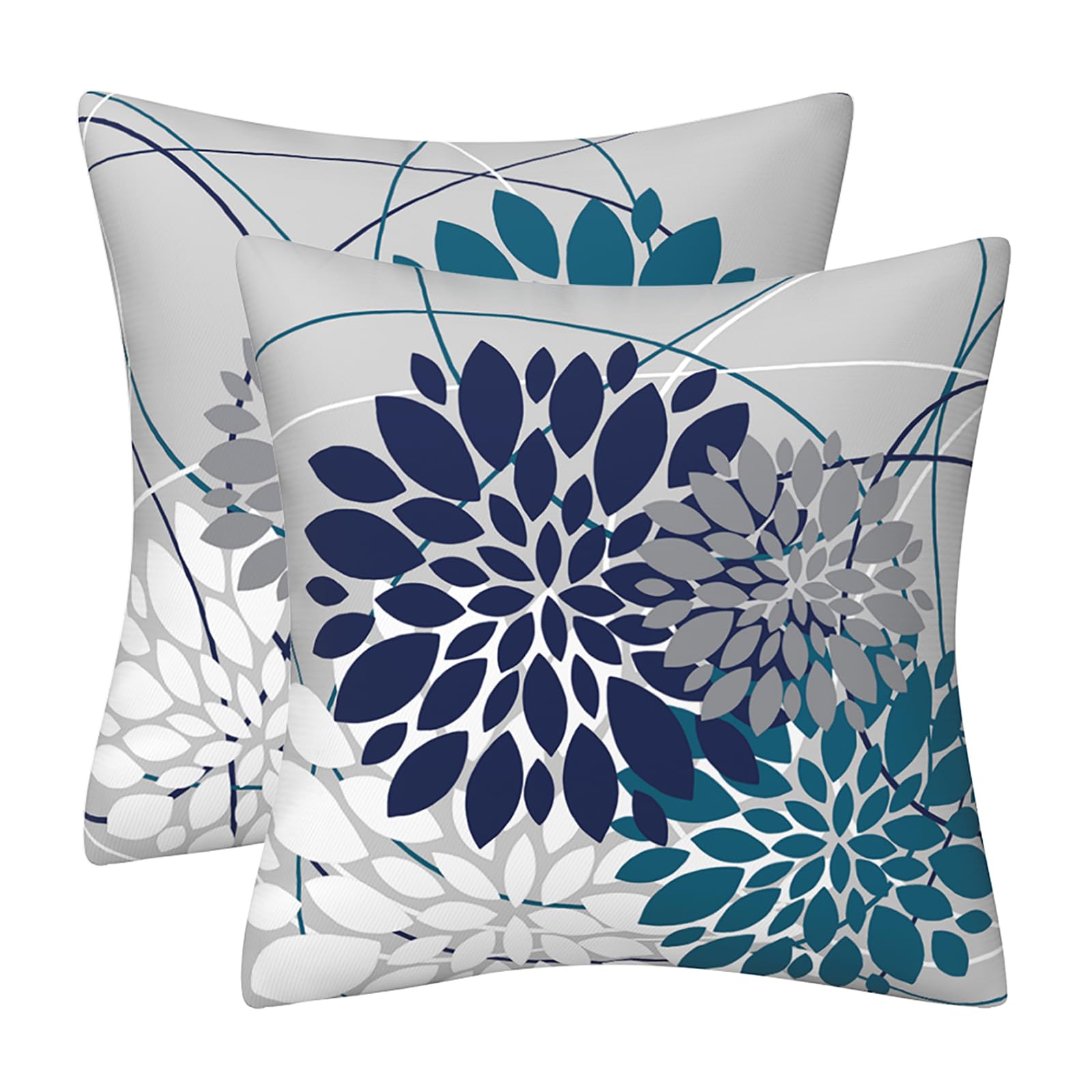Drmstow Nave Blue Teal Pillow Cover Dahlia Throw Pillow Covers 18x18 Inch Spring Summer Geometric Floral Elegant Line Square Cushion Cases Outdoor Home Decor for Couch Bed Living Room, Set of 2 — image 1