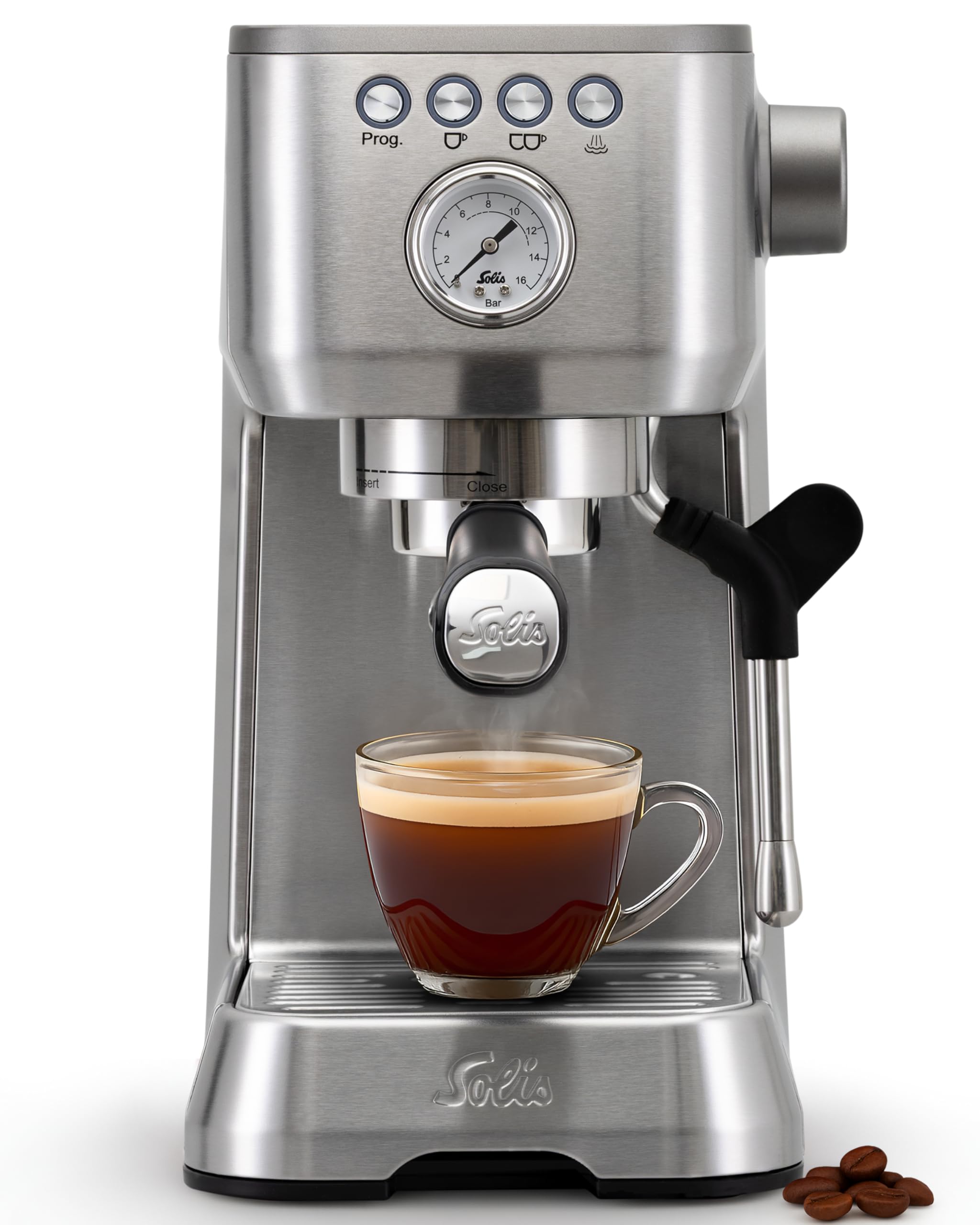 Solis Barista Perfetta Plus Espressomaschine, Halbautomatische Kaffeemaschine mit Milchschäumer, Programmierbare Kaffeemaschine mit abnehmbaren Wassertank, Heißwasser- und Dampffunktion, Silber