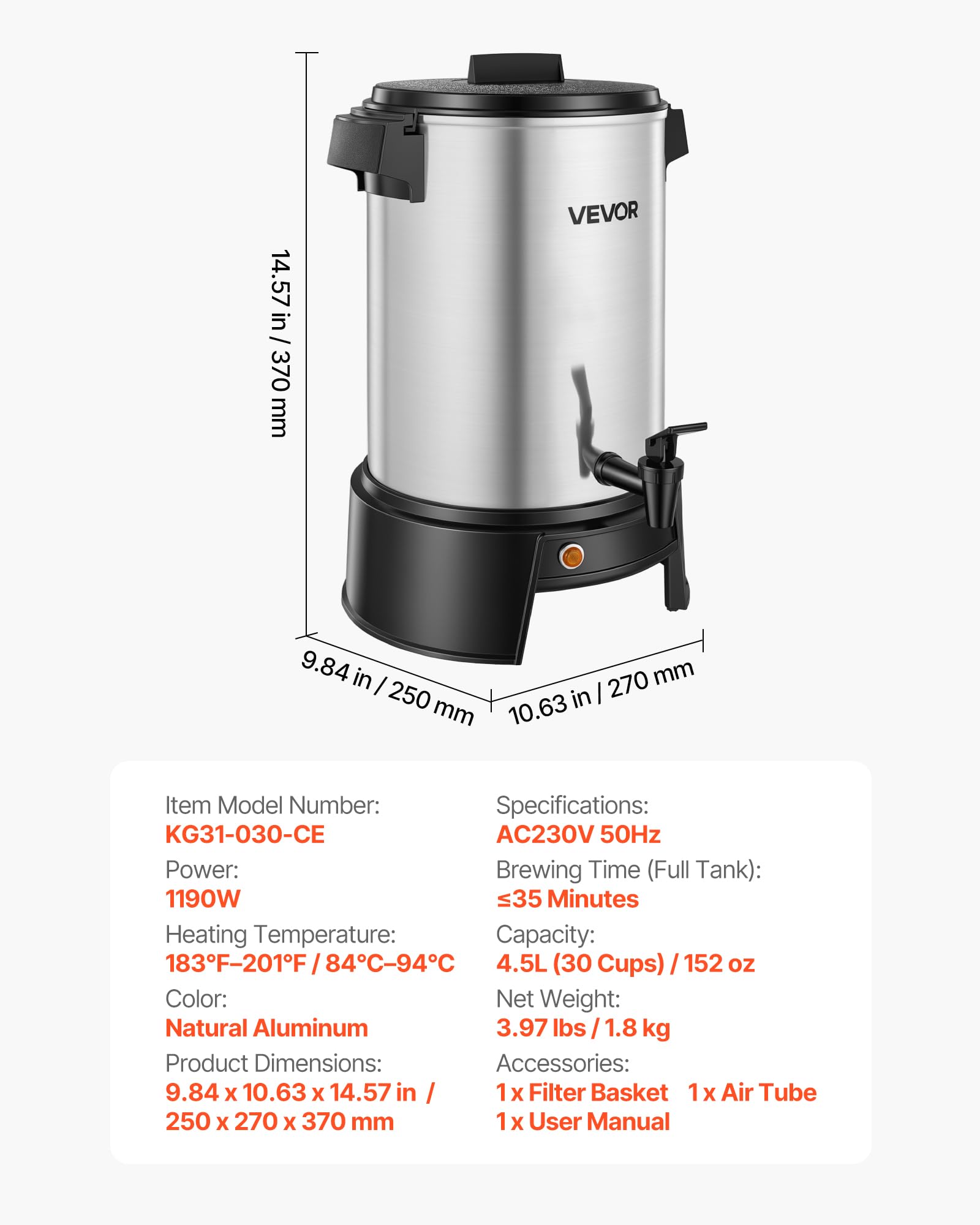 VEVOR Distributore Bevande Calde Caffè Elettrico 250x270x370 mm Capacità 4,5 L, Caffettiera con Rubinetto Antigoccia 1190 W, Controllo Automatico di Temperatura, Erogatore Caffè Tè Vin Brulè, Hotel
