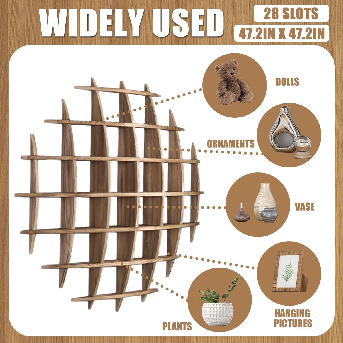 Oversized Hanging Coffee Mug Display Rack,Sphere Solid Wooden Tea Cup Holder,Mug Shelf for Wall,Multi Slot Wall Decor Display Cabinet,for Living Room Kitchen Office(47.2×47.2'')