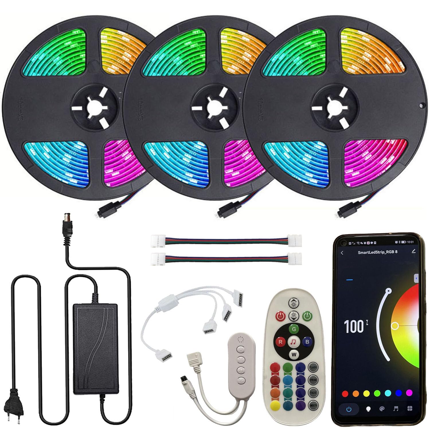 15m (3x 5m) Striscia LED RGB dimmerabile, WIFI controllata con alimentatore 12V + telecomando IR, 5050 SMD 450 LEDs (3x 150 LEDs), autoadesiva, IP20, compatibile con APP Tuya