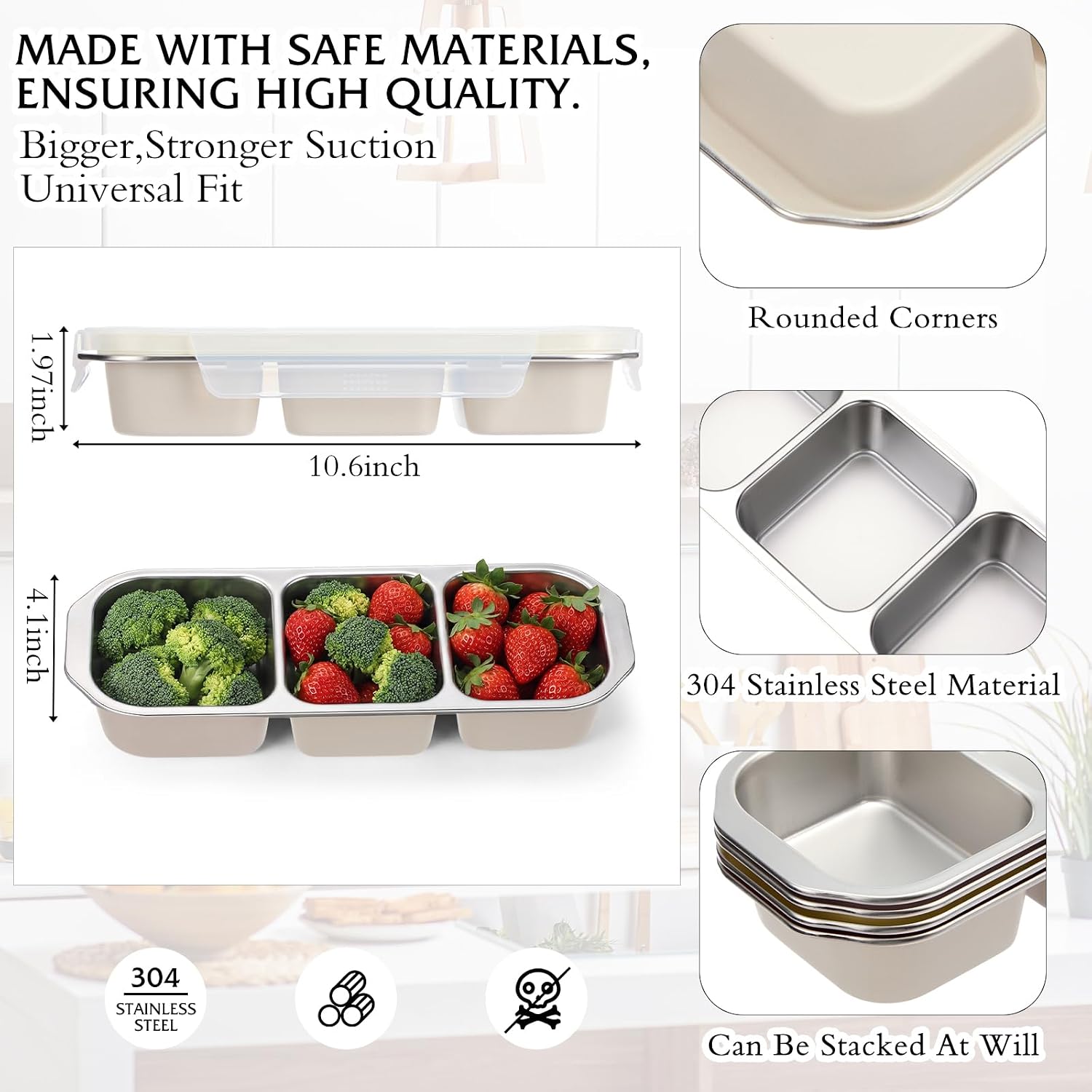FoldTier 4 Pack 304 Stainless Steel Snack Container with Lids, Beige