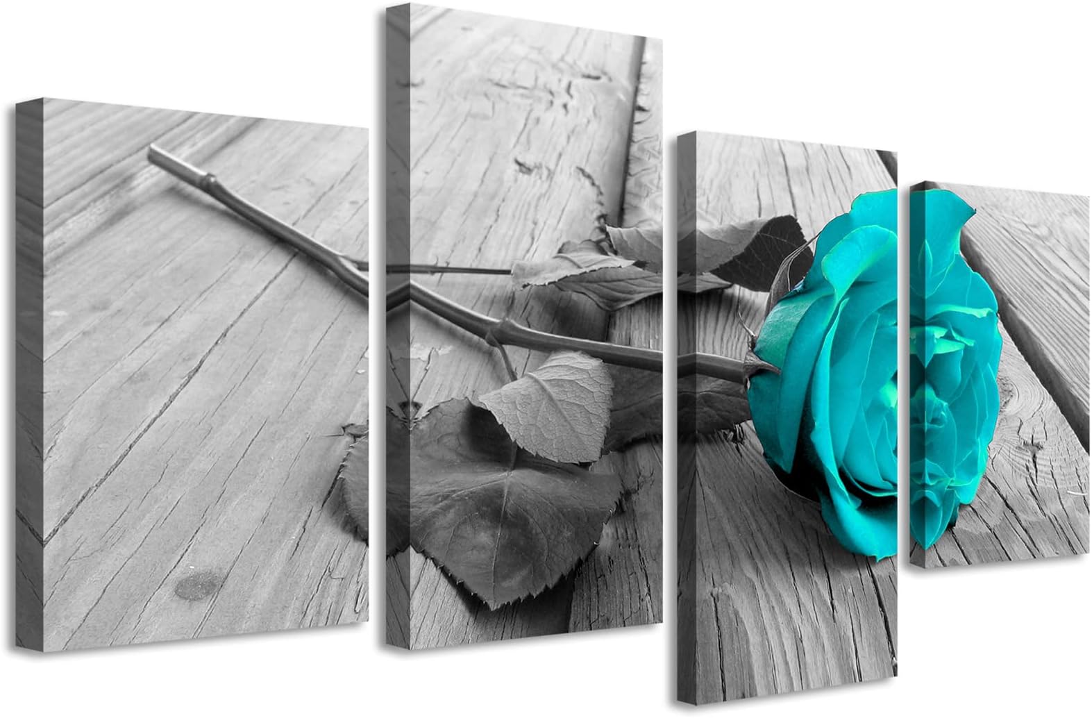 JiazuGoTeal Bathroom Decor - Large Turquoise Canvas Wall Art with Teal Rose Floral Prints - Modern Black and White Flower Painting for Living Room Valentine's Day Decorations
