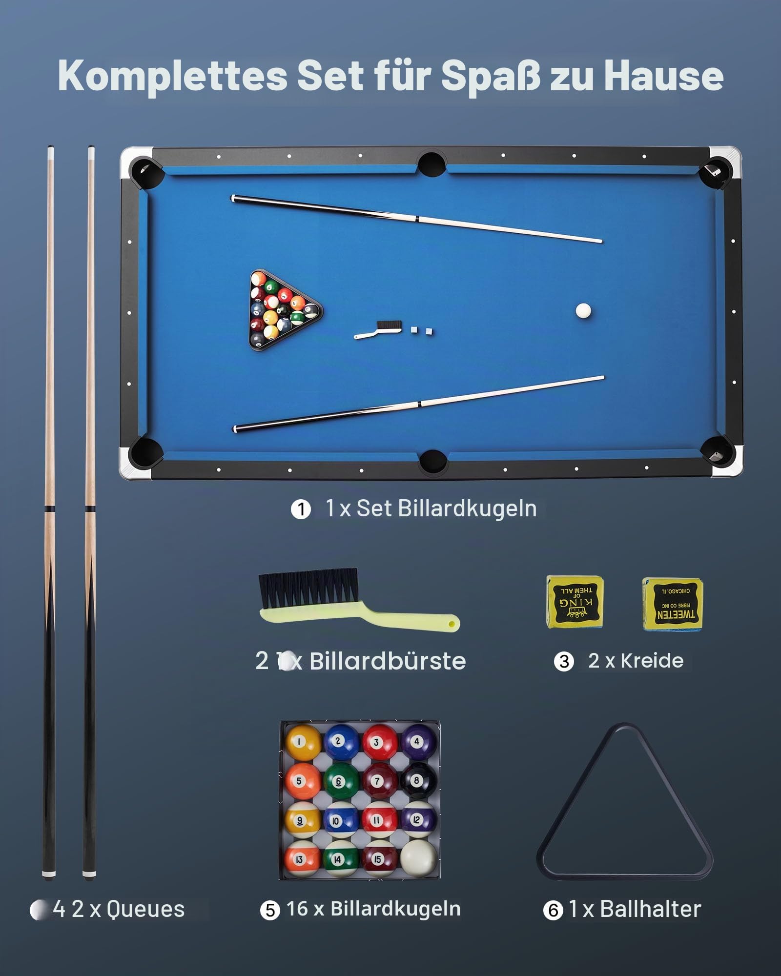 VEVOR Billardtisch 244 cm mit Holzoberfläche, moderner Spieltisch mit verstellbaren Füßen, komplettes Set inkl. Bällen/Queues/Ständer/Kreide/Bürste, für Spielzimmer Freizeiträume Blau