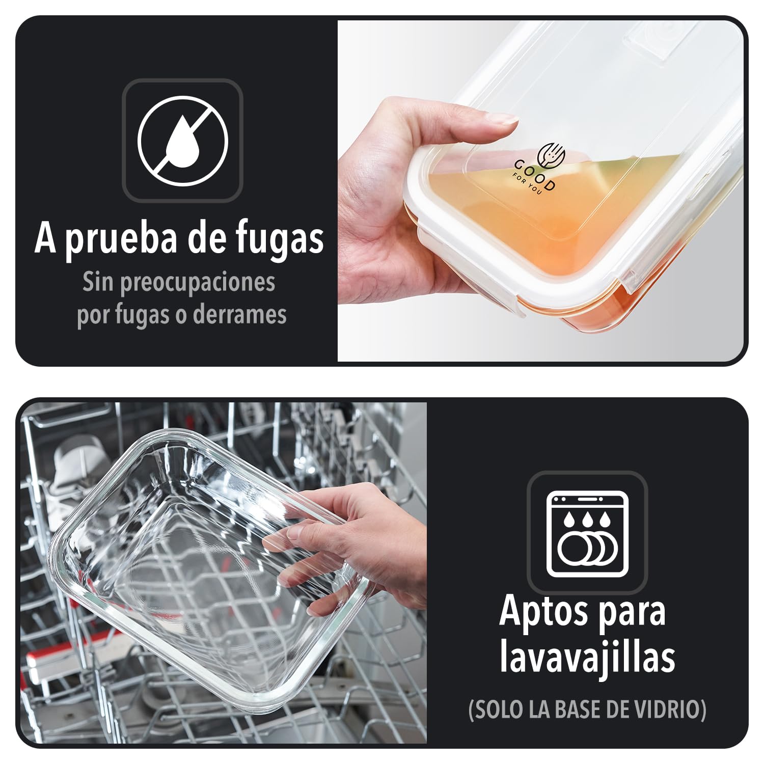GOOD FOR YOU - Recipientes de vidrio para la preparación de comidas - Recipientes De Vidrio Con Tapas Horno y congelador seguros-BPA Libre 850ml 28oz 3.5Tazas [5- Paquete]
