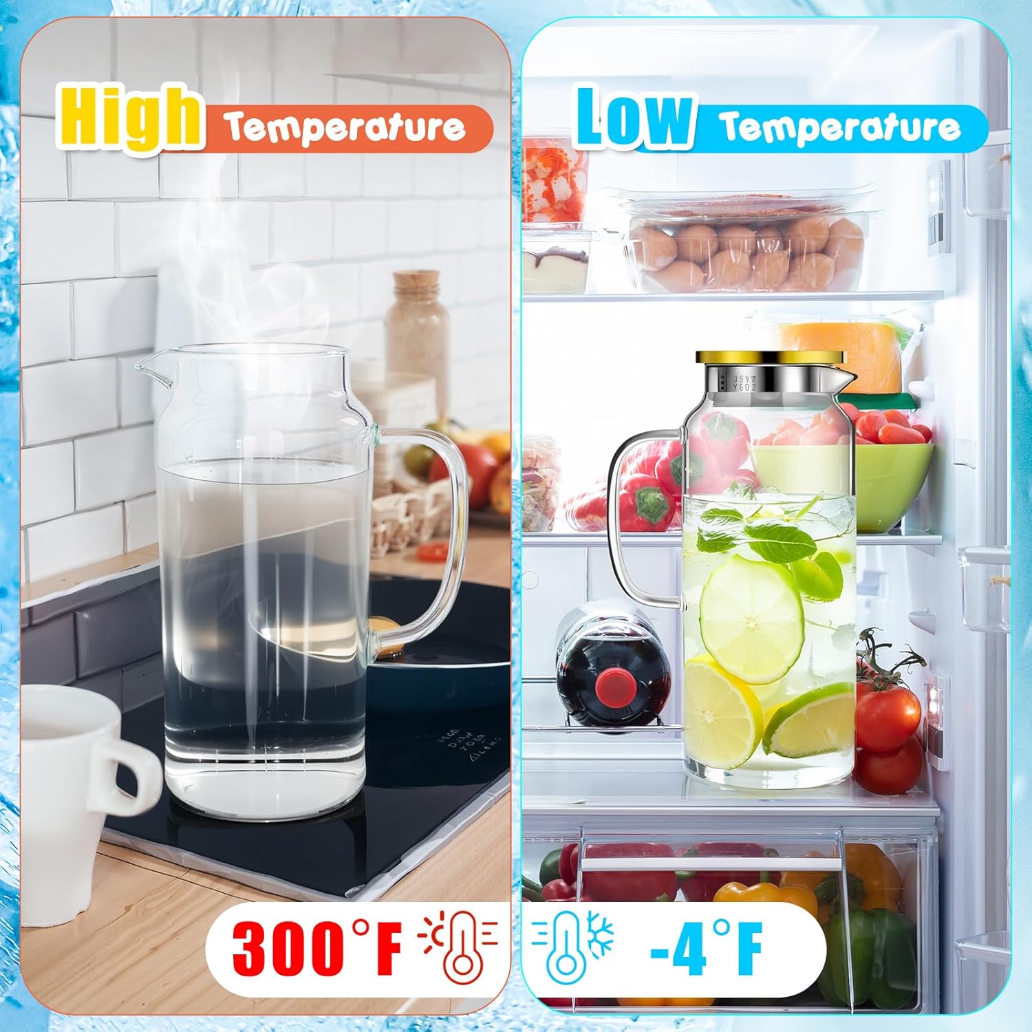 Maxdot 4 Pcs 2 Liter 68 oz Glass Pitcher with Lid and Spout Fridge Glass Carafe Hot/cold Water Large Iced Tea Pitcher for Coffee Juice Homemade Beverage with 4 Long Handled Brush Included