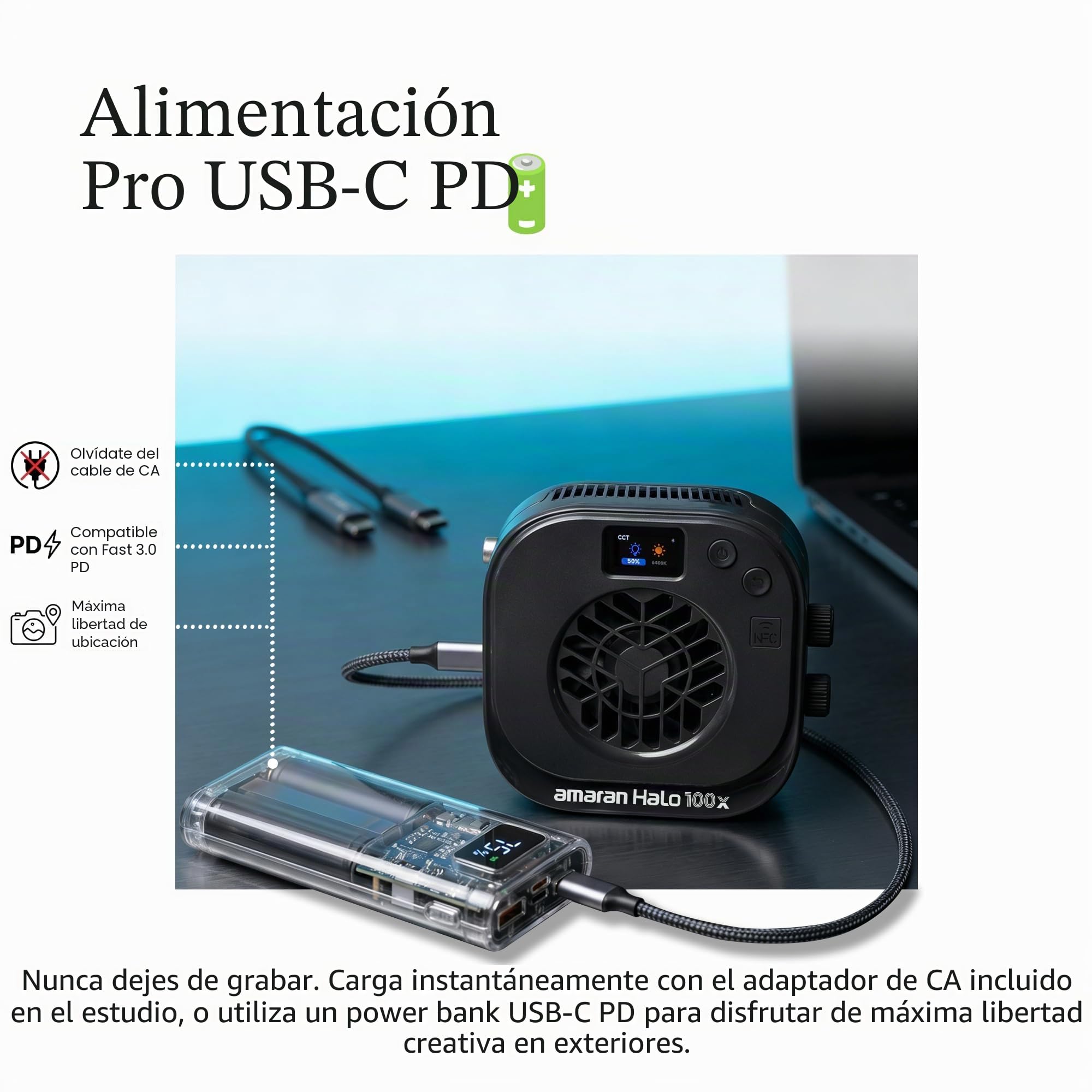 Amaran Halo 100x Luce Video COB LED Bicolore 100W 2700K-6500K 4890 Lux a 1 Metro Luce ultracompatta da viaggio alimentazione USB C PD controllo App e NFC attacco Bowens per Studio Youtube TikTok