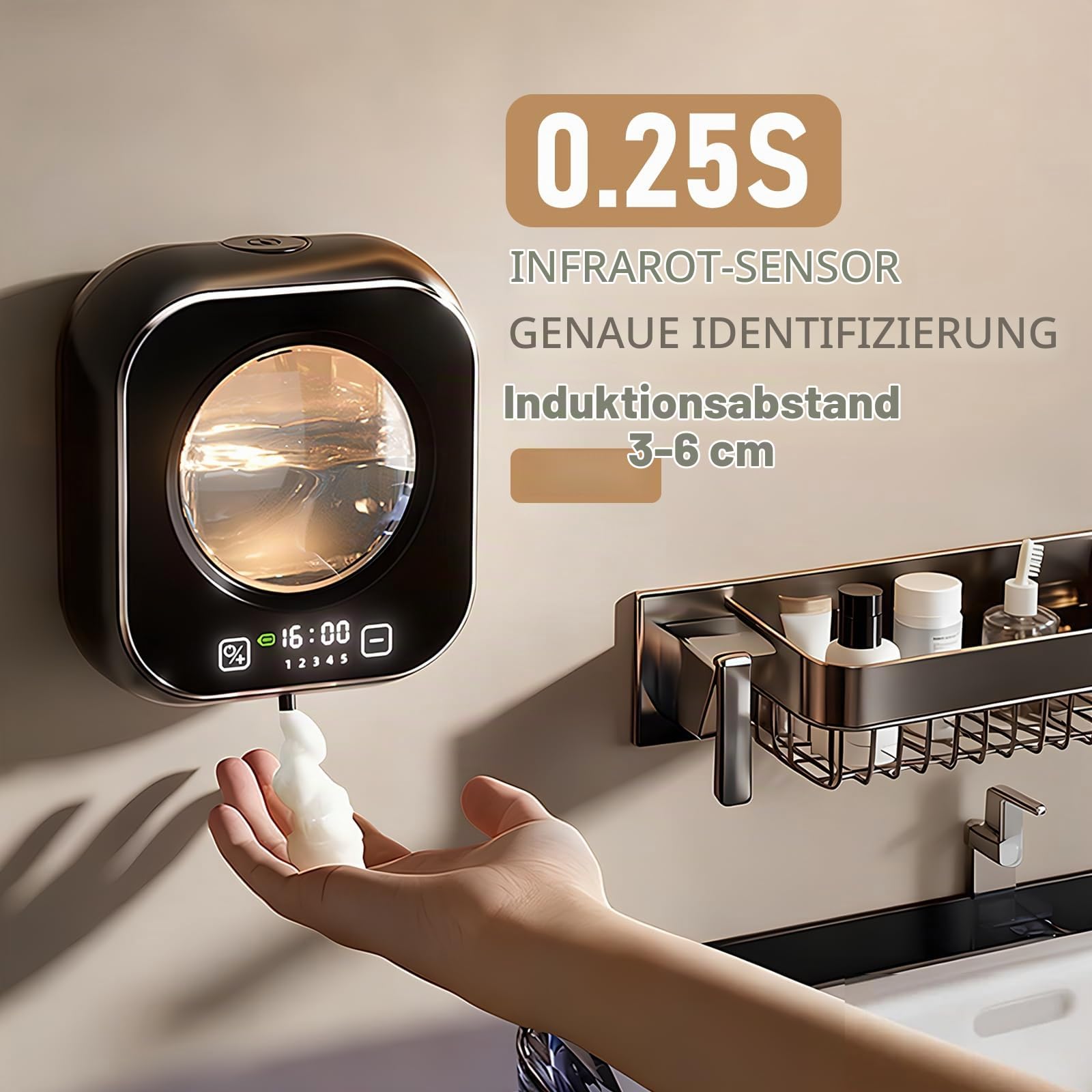 Seifenspender Automatisch Wandbefestigung, 320ML Elektrischer Seifenspender mit Sensor No Touch, 5 Stufen Wandmontage Schaumspender Flüssigseifenspender für Badezimmer und Küche, Ohne Bohren