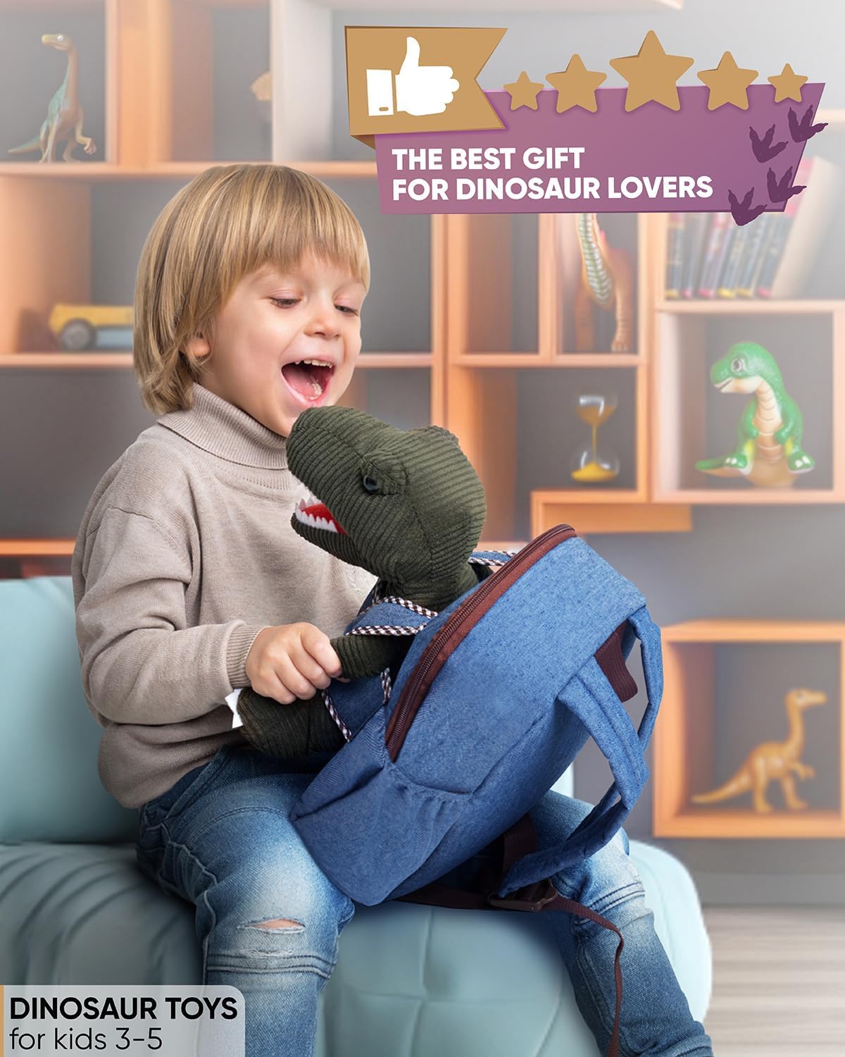 Naturally KIDS Mały plecak z dinozaurem, zabawki dla dzieci w wieku 3-5 lat, plecak dla malucha dla chłopca, dziewczynki, wypchane zwierzę - prezenty dla 3-letniego chłopca - w kieszenie i odblaskowe