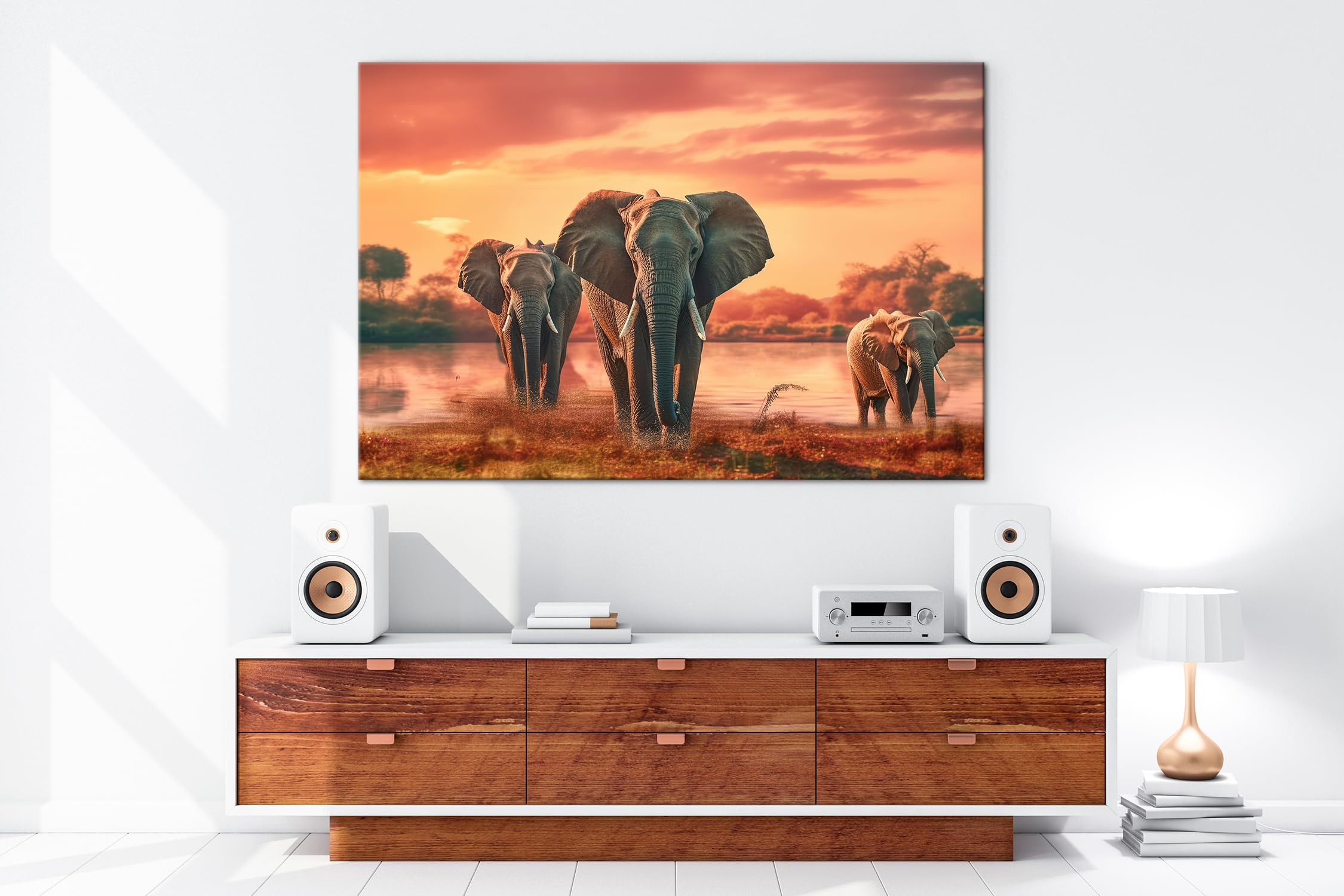 Leinwandbild Elefanten im Sonnenuntergang, Wasserreflexionen Format: 120x80 cm XXL Kunstdruck Bild auf Keilrahmen/Wandbild/Wohnzimmer Deko
