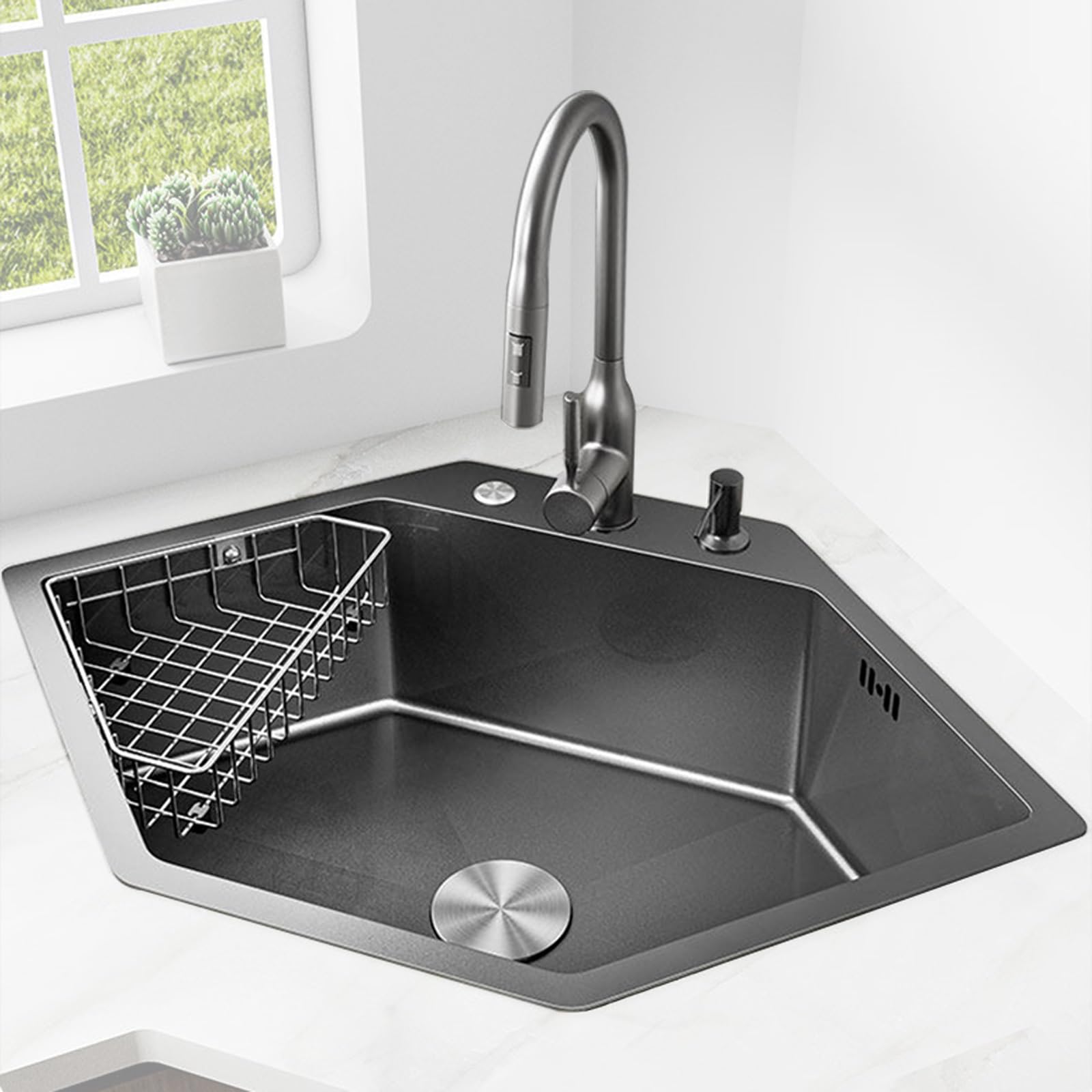 Lavello Angolare da Cucina in Acciaio Inox 304, Nero, Lavello Cucina 1 Vasca con Rubinetto Estraibile e Numerosi Accessori, Ideale per Uso Domestico, Bar e Commerciale(84x55cm/33x22in)
