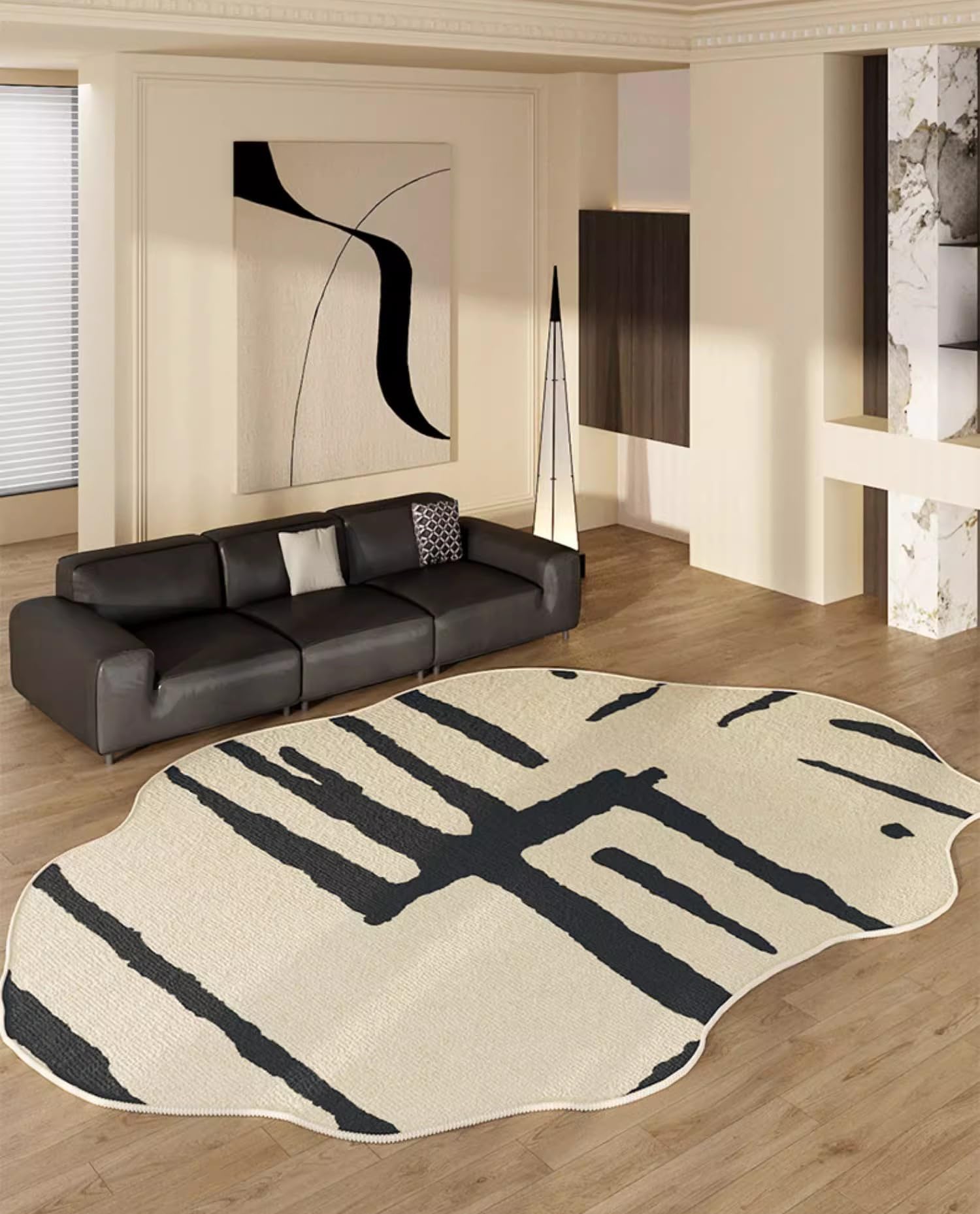 Contemporary Modern Shaped Rug for Living Room Dining Room Bedroom Home Office Irregualr Shape Carpet Black Beige Kitchen Entryway Bathroom Washable
