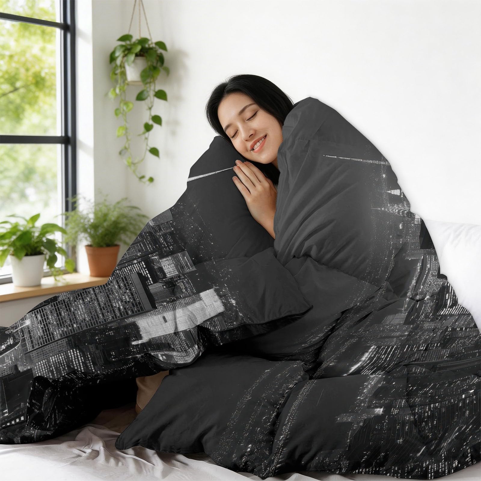 Trapunta Copriletto 150x200 cm Vista Notturna Della Città Grigia Trapuntino 4 Stagioni Stampa 3D, Trapunta Inverno Estivo, Trapuntato Coperta Letto per Adulti Bambini