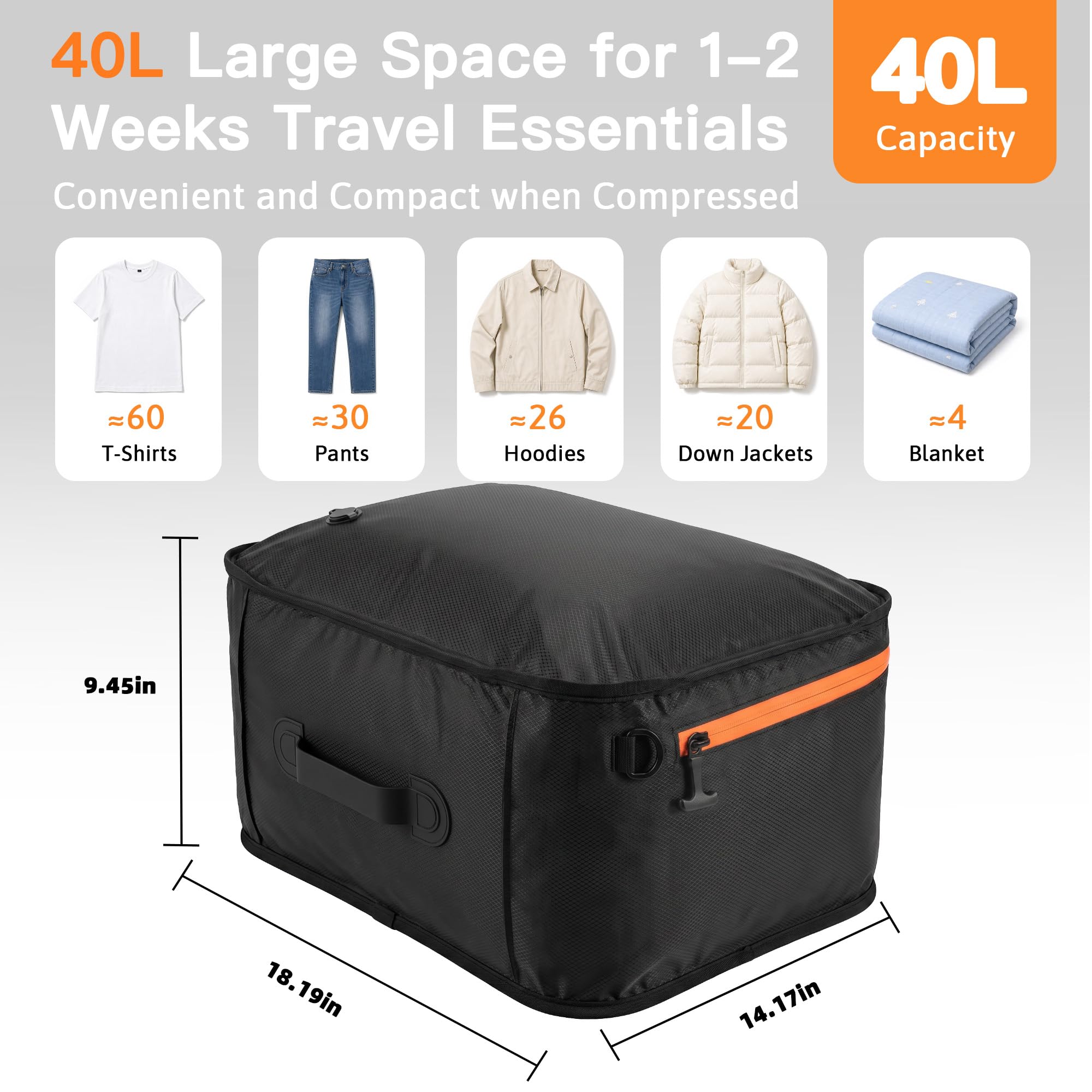 Wiederverwendbare Kompressionsbeutel für Reisen, Vakuum-Aufbewahrungsset, 40 l, IPX8 wasserdichter Reise-Vakuumbeutel mit verbesserter Pumpe für Koffer, Rucksack, platzsparendes TravelPack
