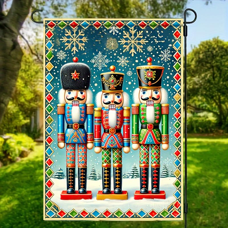 Image of BlissYard Christmas Nutcracker Soldiers Garden Flag 12x18 Inch Polyester | Double sided polyester, Christmas nutcracker soldiers snowflakes design, classic holiday decor for porch and yard