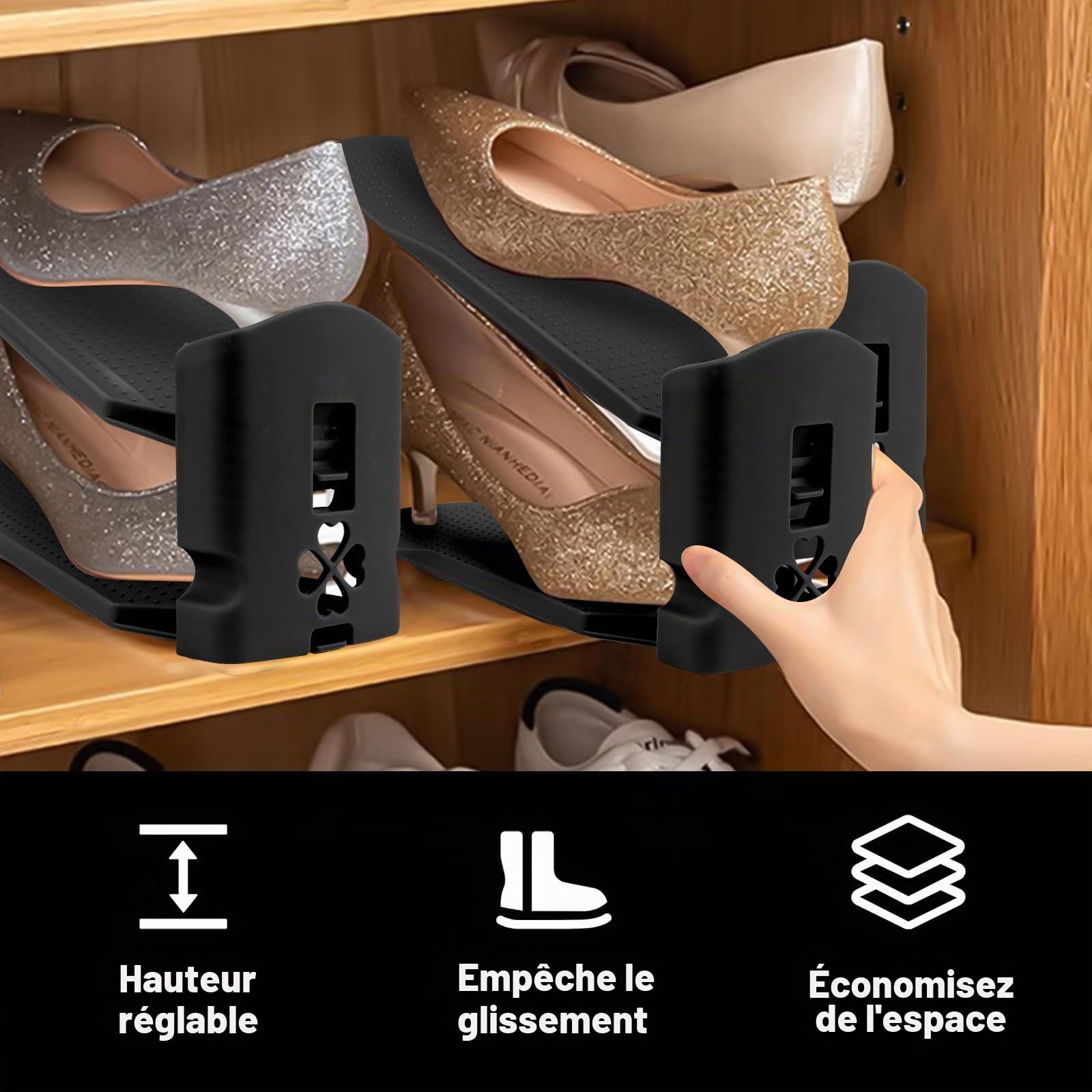 MXTIMWAN Lot de 10 Support à Chaussures Réglables, Organiseur Gain de Place en PP Durable, Organisateur Chaussures Antidérapant pour Placard, Organiser Les Chaussures, Schwarz