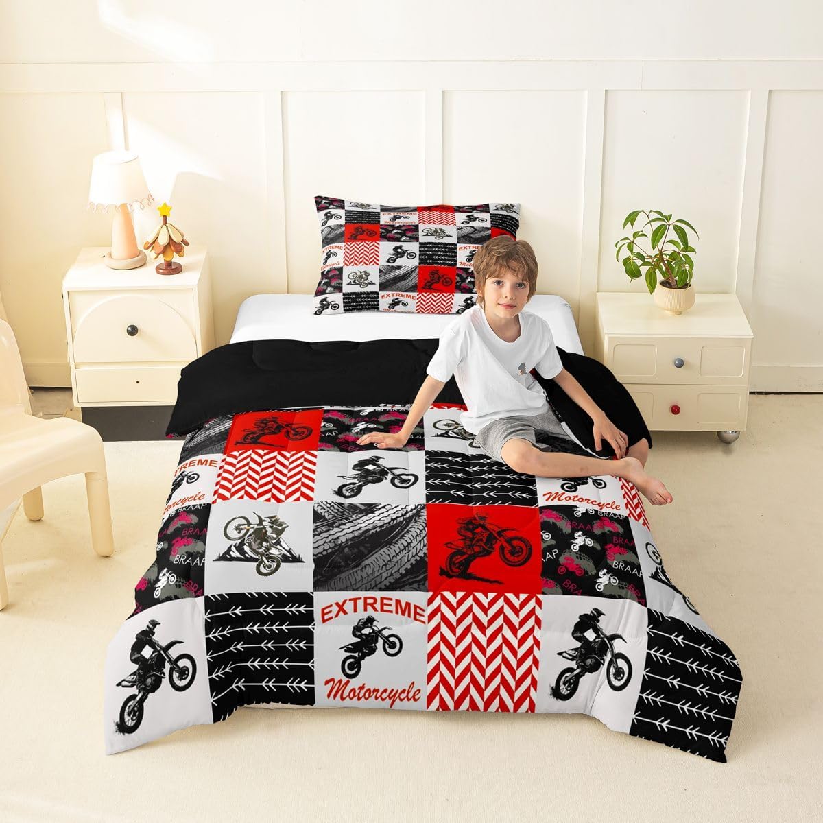 Motorcycle Games Comforter Set Twin Size,Motorbikes Extreme Sports Bedding Sets 2Pcs for Kids Girls Teens Room Decor,Off-Road Motorcycle Fashion Quilted Duvet,Black Red Down Comforter,1 Pillowcase image 4