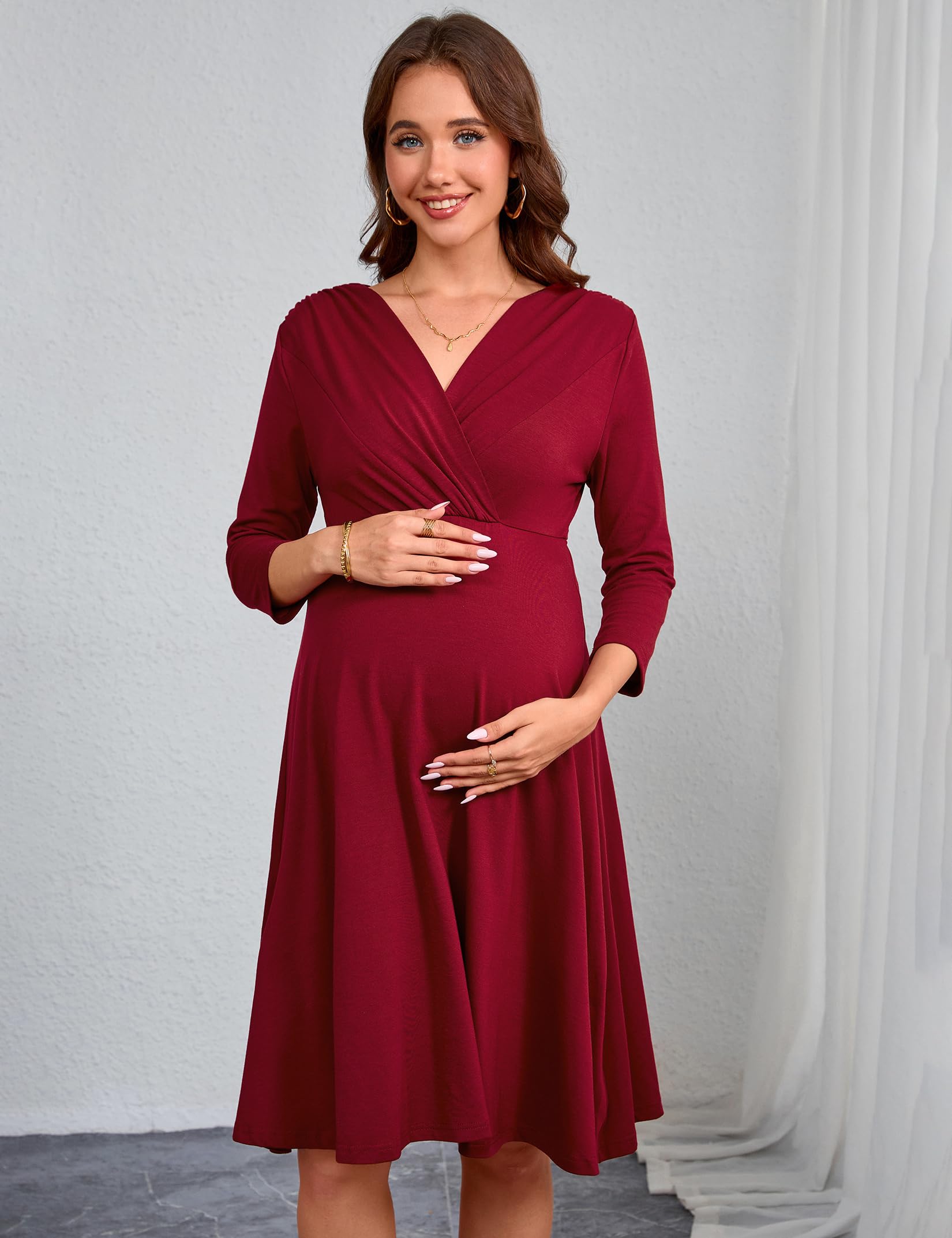 YesFashion Abito premaman con scollo a V, abito per gravidanza a vita alta, abiti comodi per donne incinte