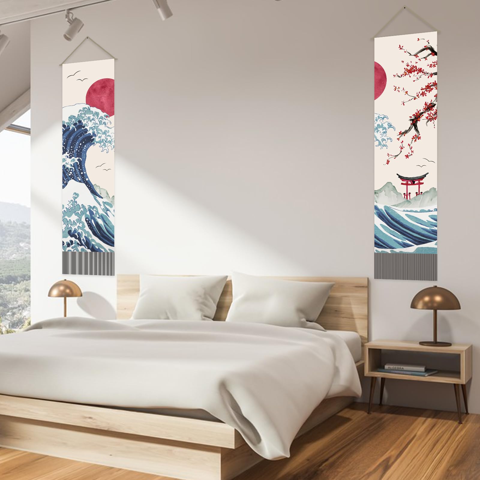 AHANDMAKER Confezione da 2 arazzi giapponesi con onde dell'oceano, sole rosso e onde e fiori di ciliegio rossi, arazzo con nappe per camera da letto, 33 x 130 cm