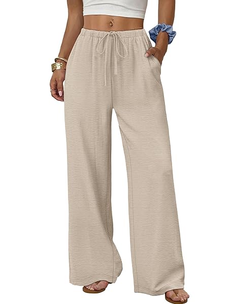 Sampeel Wide Leg Pants for Women Flowy Palazzo Drawstring Elastic Waist Trousers with Pockets Summer Beach Vacation Clothes
