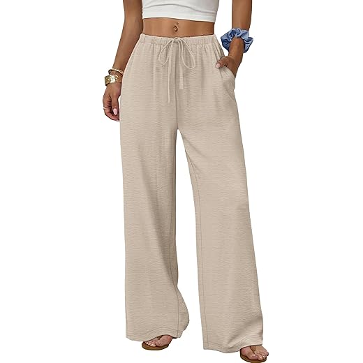 Sampeel Wide Leg Pants for Women Flowy Palazzo Drawstring Elastic Waist Trousers with Pockets Summer Beach Vacation Clothes