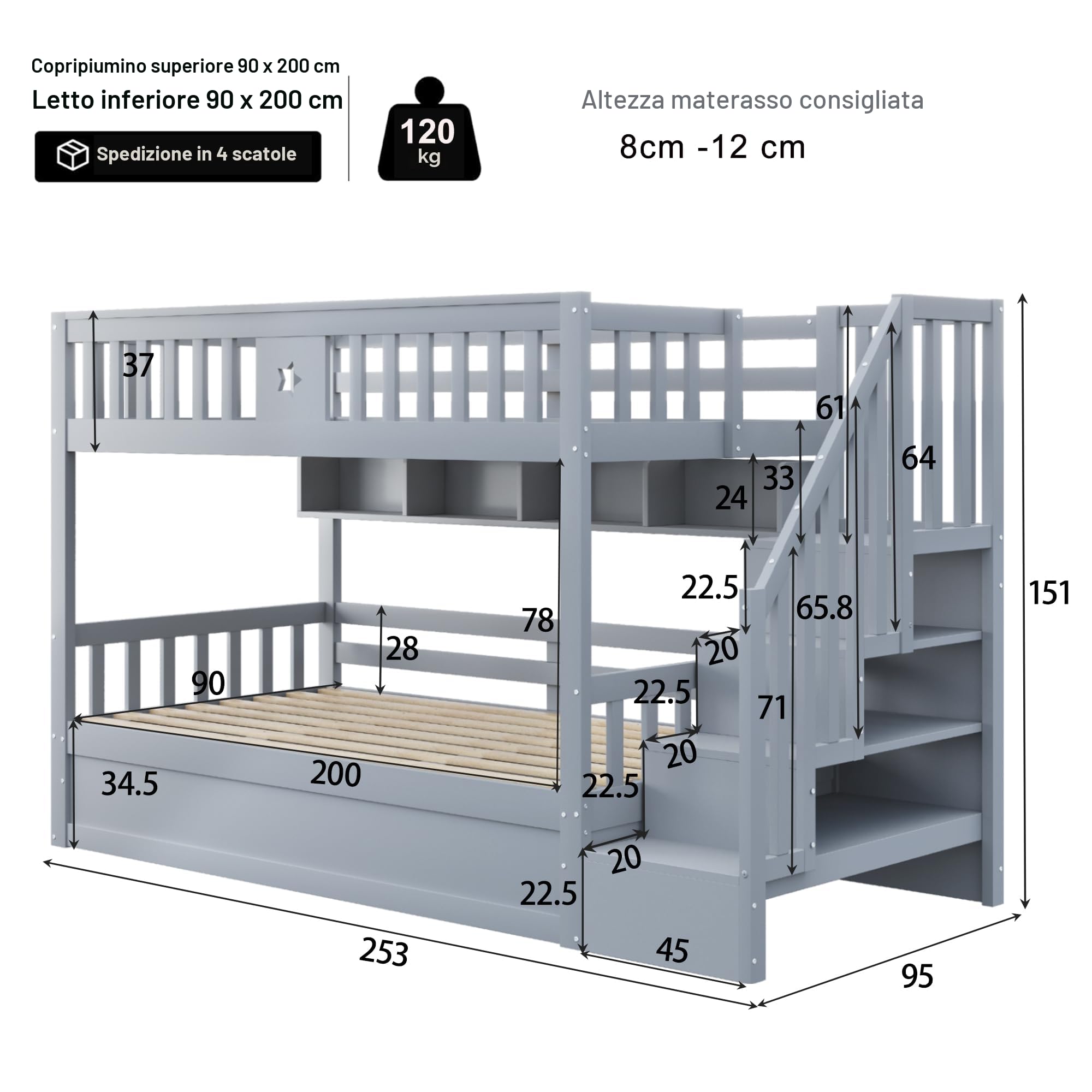 90 x 200 cm, Letto in Legno Naturale, Soppalco con Sottoletto Idraulico, Scala di Stoccaggio, Scaffali, Letto per Ragazzi (Grigio Type2)
