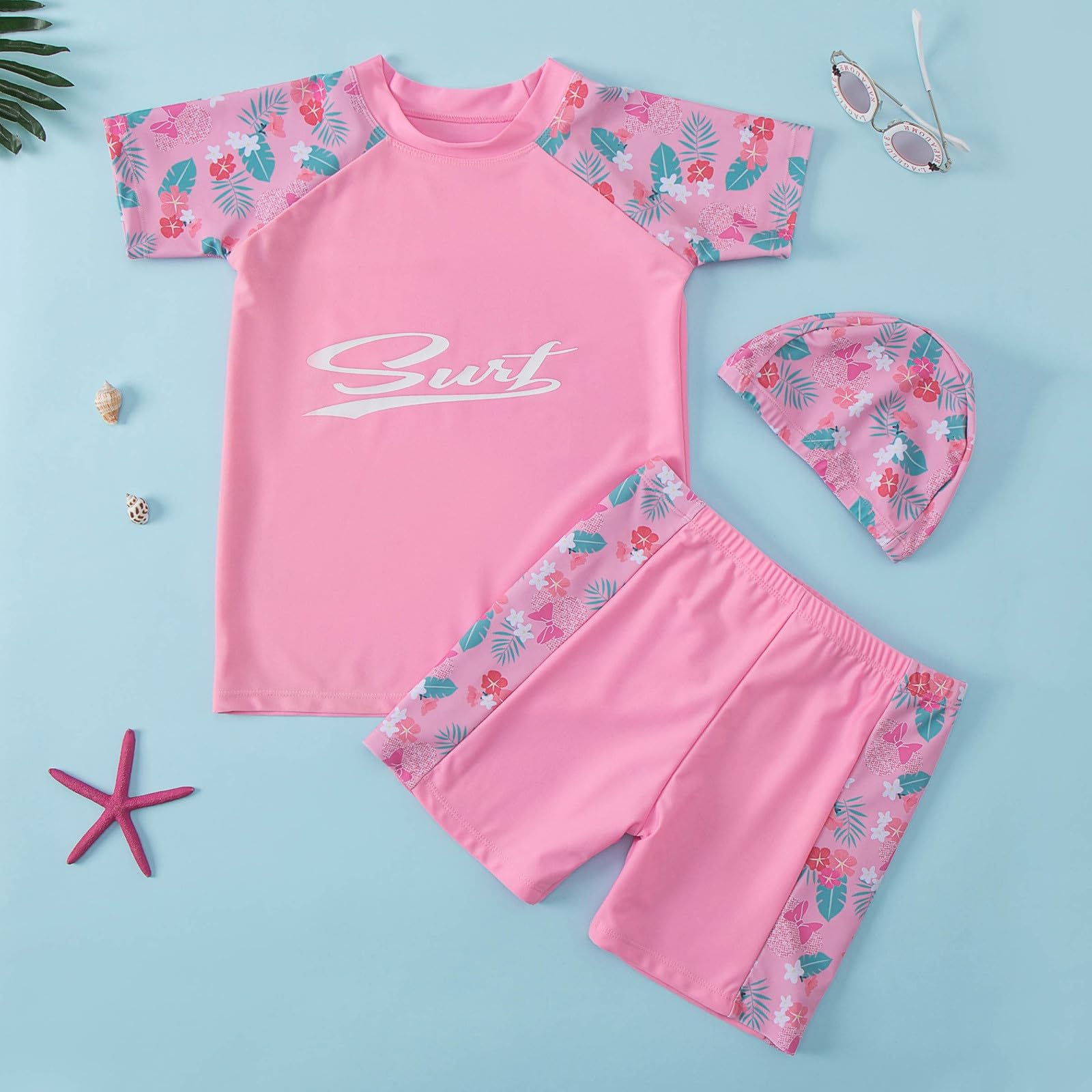Unisex Kinder UV-Schutz Zweiteiliger Badeanzug Schwimmshirt mit Kurzärmeliges und Badeshorts Schöner Schnelltrocknen Bademode für Kinder Training Pool Schwimmshirt UV Shirt Schwimmanzug