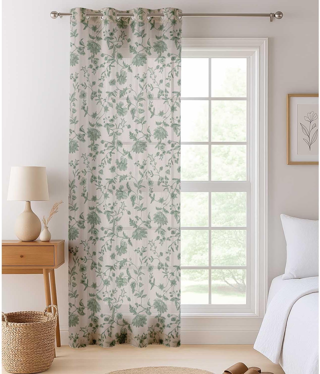 Floral Vines Design Sheer Curtains for Short Windows - Set of 2 Panels, 63", Grommet Top, Printed Georgette, Light Filtering Drapes for Kitchen or Bedroom