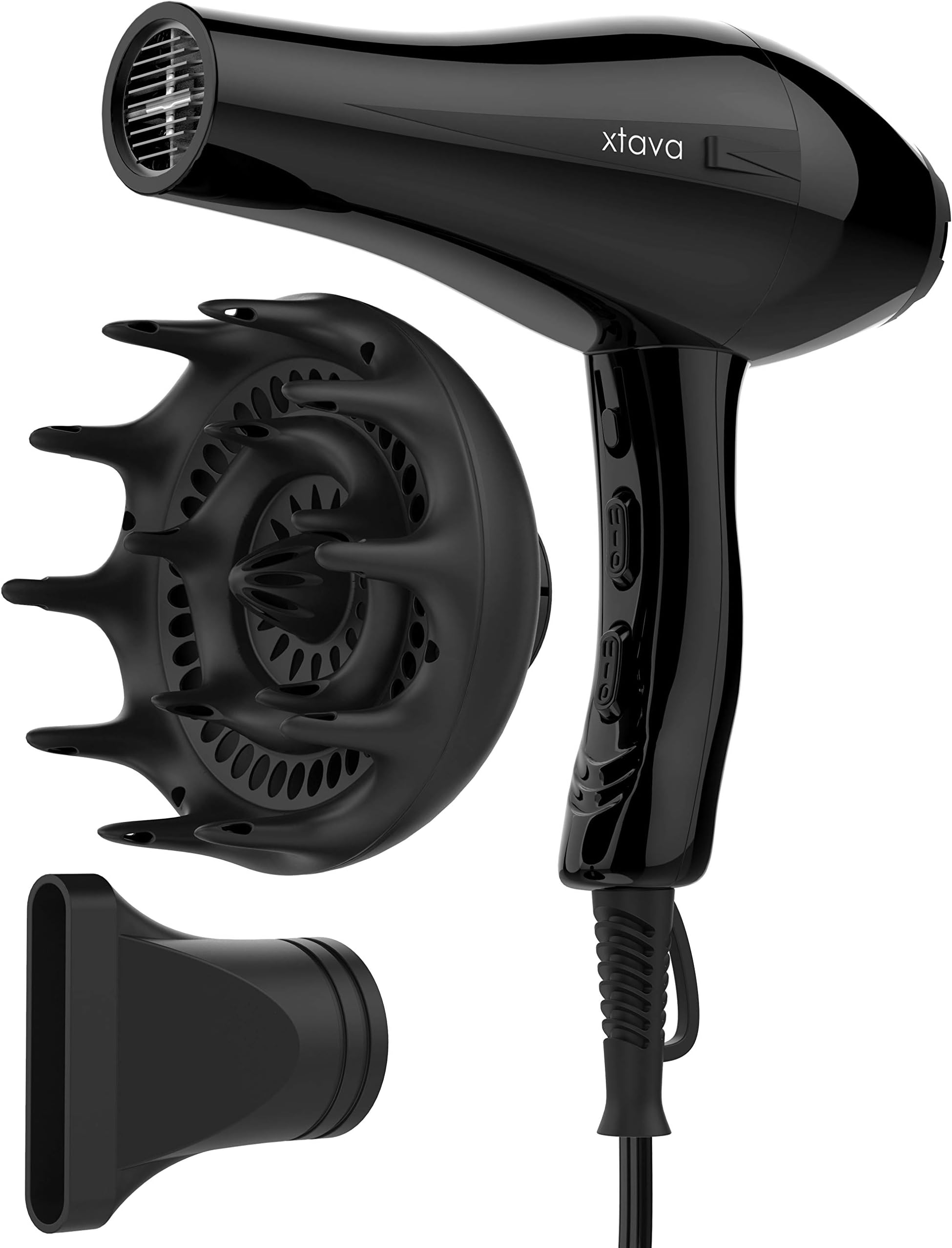 Xtava Pro Hair Dryer with Diffuser - Salon Grade Professional 1875 Watt Blow Dryer for Hair Styling - Frizz Control Volumizer Blowdryer with Concentrator Nozzle Attachment and Cool Shot Button - Black