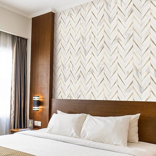Vista 48 de STICKGOO Azulejos de espiga de 10 hojas para despegar y pegar, mármol Calacatta mezclado con PVC dorado claro en muro, azulejos de pared Calacatta