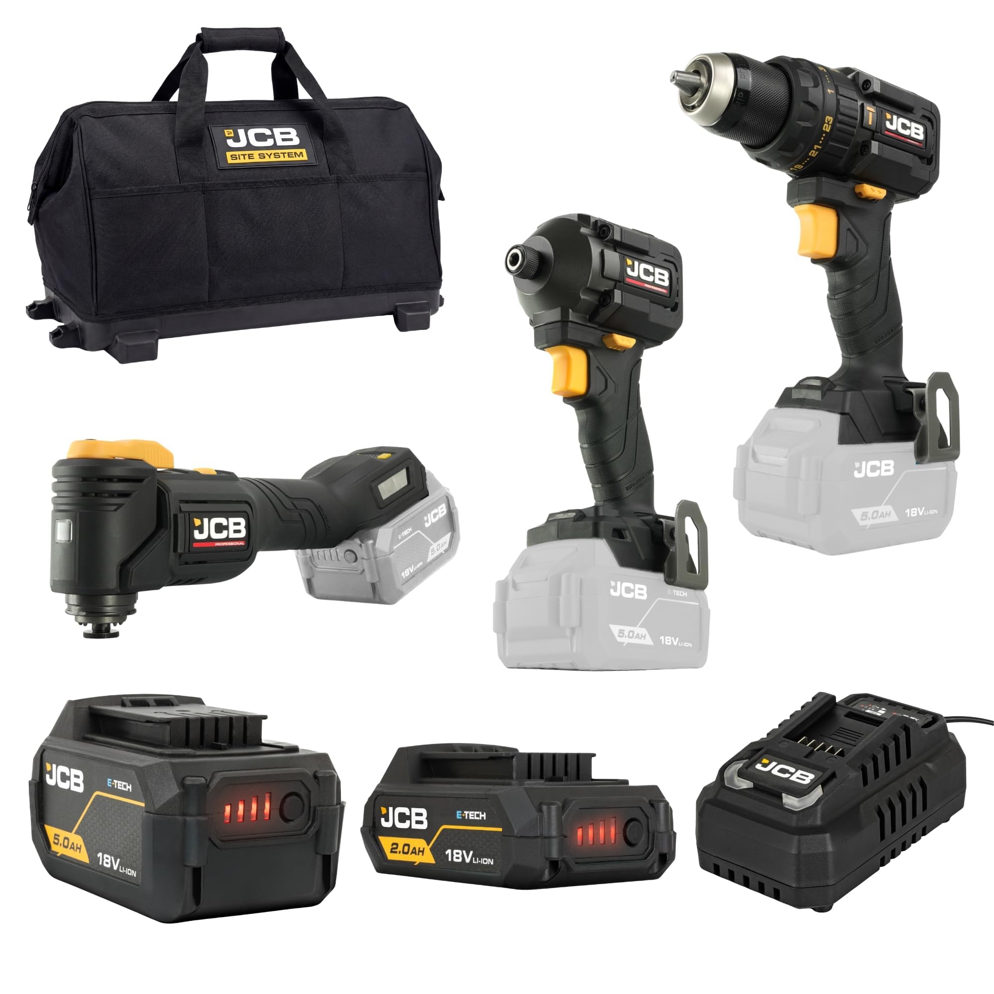 Jcb Light Pro 18V Kit, Combi Drill (75Nm), Impact Driver (230Nm), Multi Tool, 2Ah & 5Ah Batteries, 4.5A Fast Charger & Soft Tool Bag | -18Pkit-6