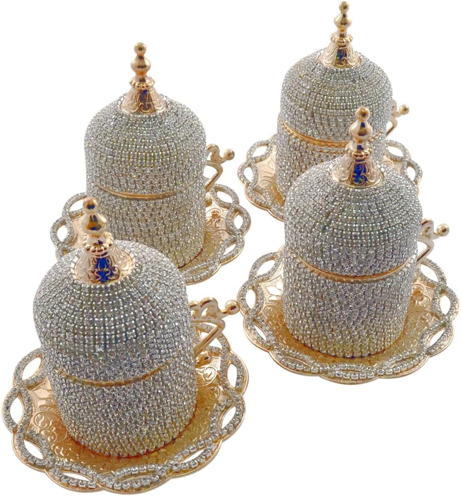 (Set of 4) Handmade Swarovski Crystal Coated Turkish Greek Coffee Espresso Demitasse Cup Saucer Guest Serving Set with Holder and Lid