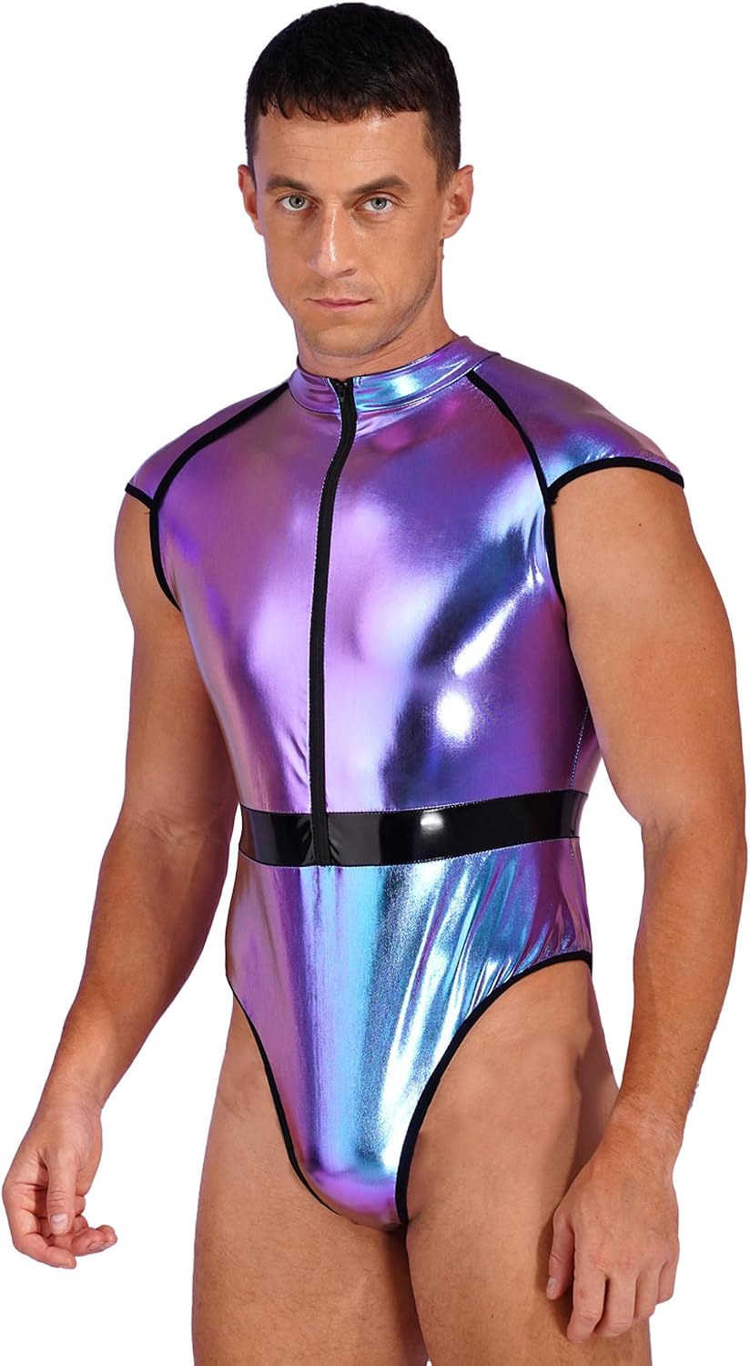 TTAO Mens Faux Leather One Piece Jumpsuit Liquid Leotard Boxer Shorts Bodysuit Romper