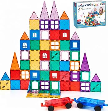 AFUNX Magnetic Tiles,102PCS Magnetic Building Blocks 3D Clear Construction Playboards, Inspiration, Creativity Beyond Imagination, Educational Magnet Toy Set for Kids with 2 Cars