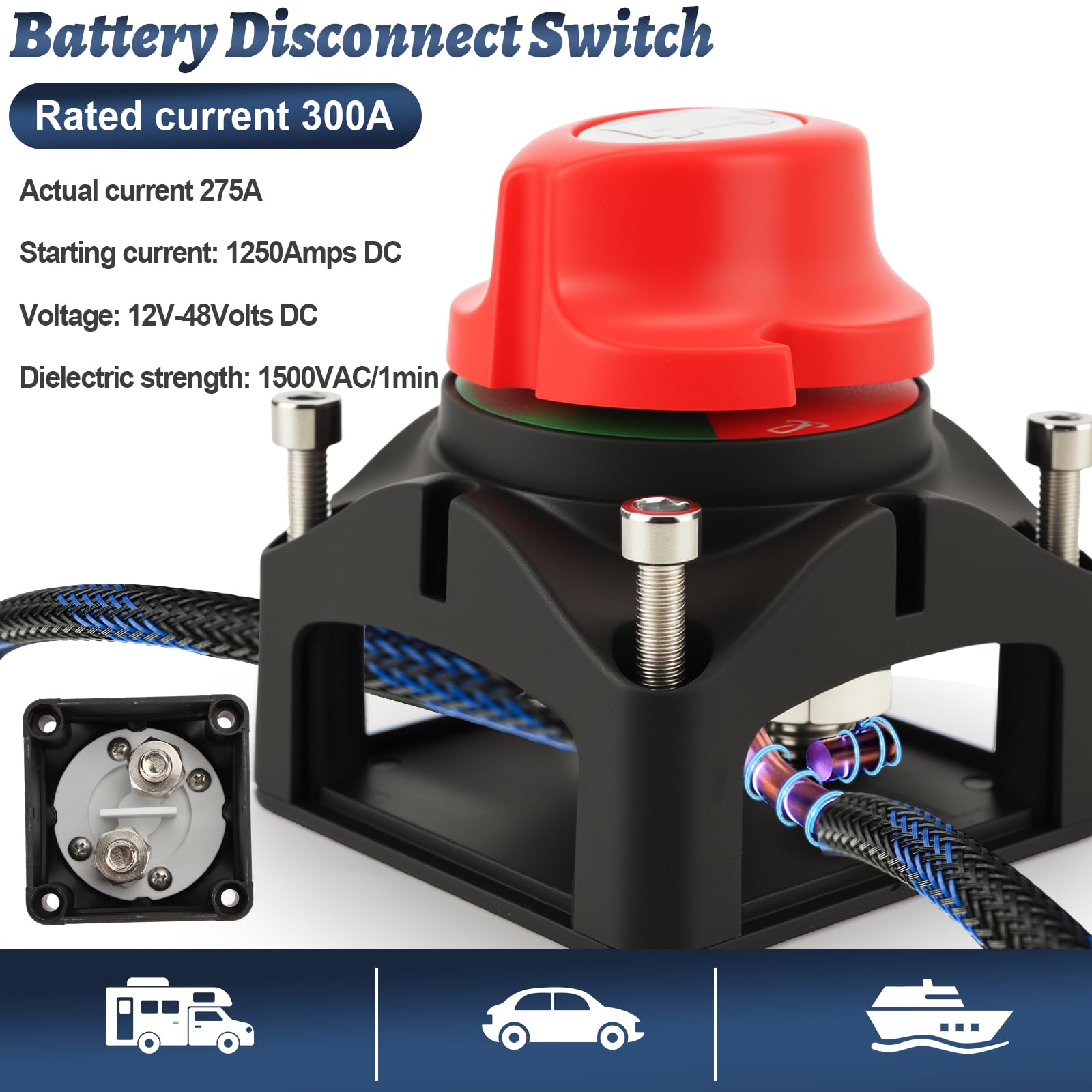 2 Pezzi Interruttore Stacca Batteria, 300A Interruttore di sconnessione della batteria(24-48V), Adatto per barche, motocicli, yacht, automobili, veicoli a motore, attrezzature marine e camper
