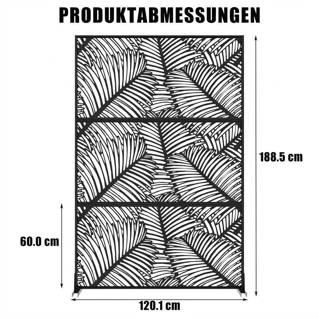 Metall Sichtschutz freistehend 188x120cm, Palmblatt Design, Stahl Trennwand | Raumteiler; Standfuß; wetterfest; dekorativ; Outdoor & Indoor; Laserschnitt; stabil; UV-beständig; Balkon; Terrasse