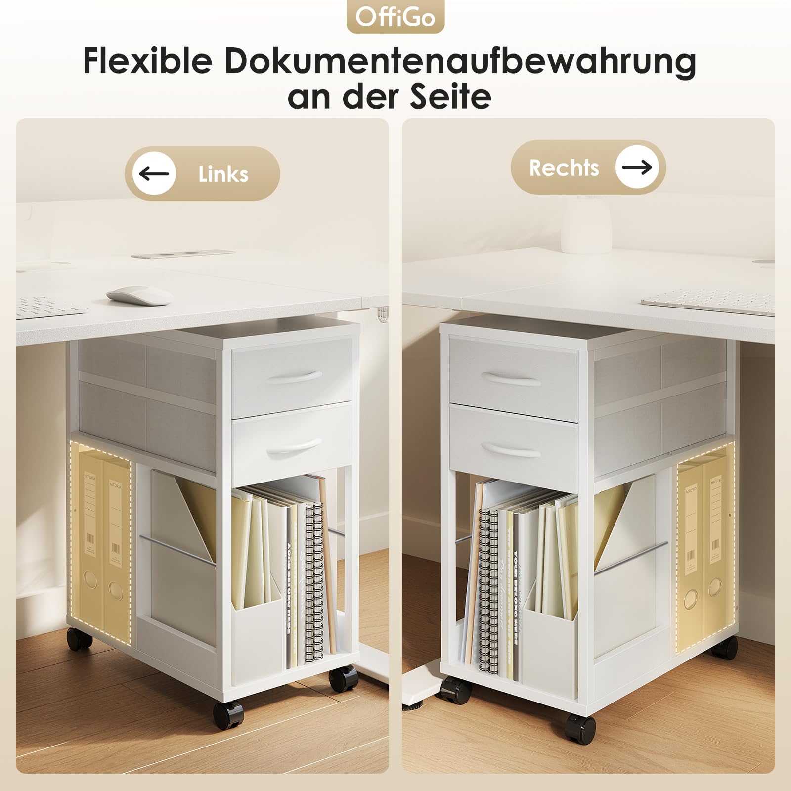 OffiGo Rollcontainer Schreibtisch mit Rollen und 2 Schubladen，Weiß | Rollcontainer mit Wechselbarem Seitenträger und Bremsrollen, Mobiler Büroschrank für A4, Legal & Letter