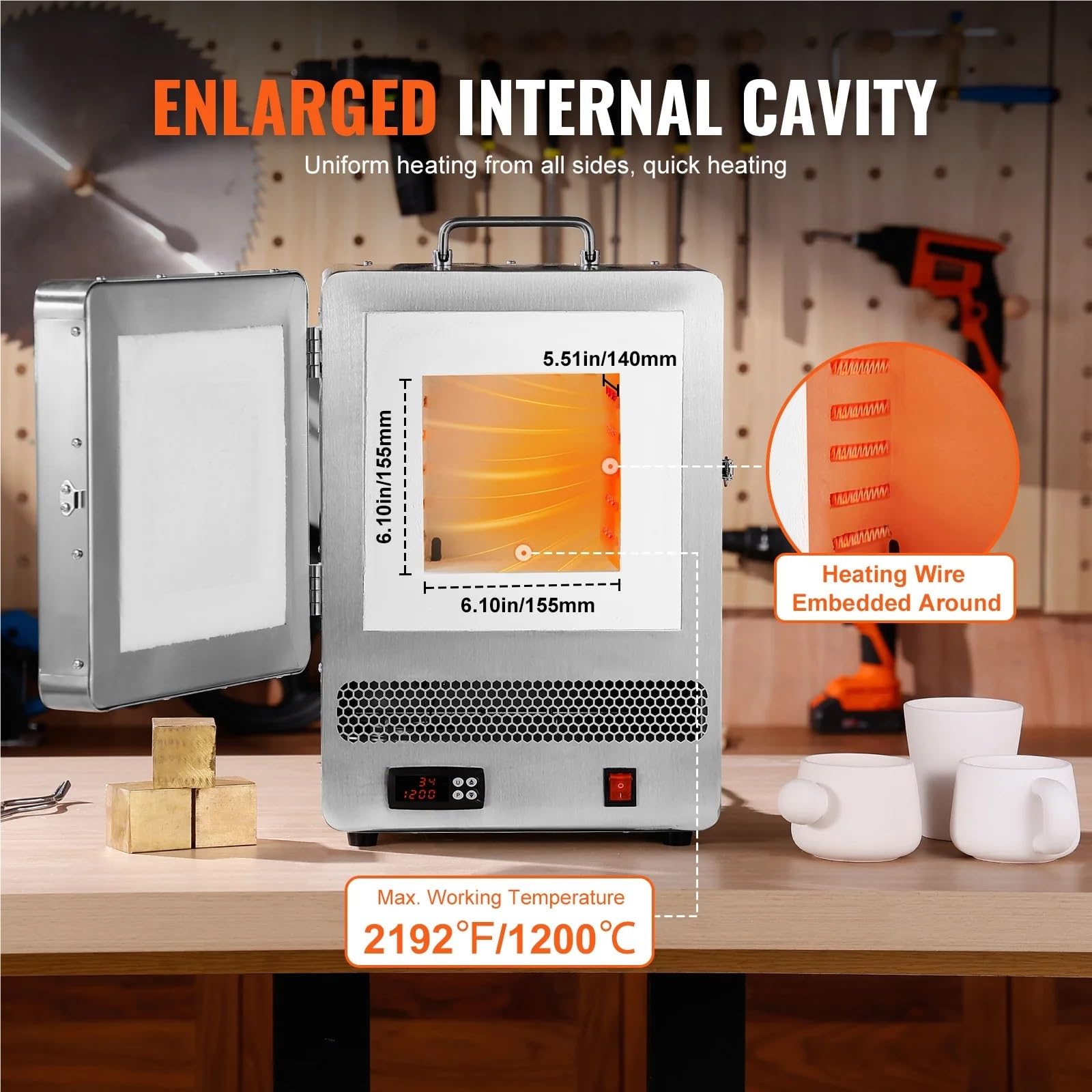Forno di fusione elettrico da 1500 W, temperatura massima 2192 ℉, acciaio inossidabile, argilla metallica, tempra del metallo fai da te, smaltatura su ceramica