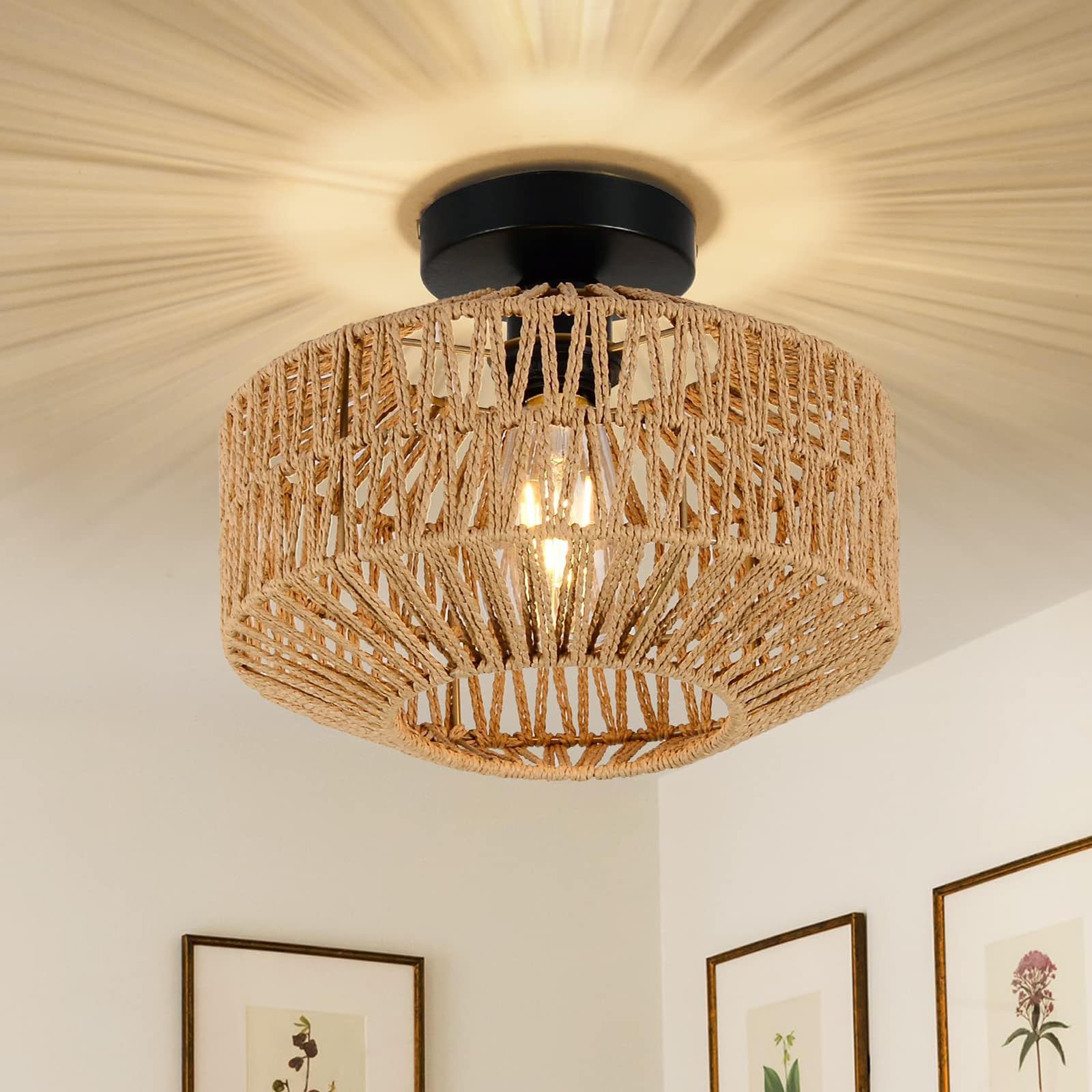 Luces De Techo Tejidas A Mano Boho Rattan Natural E27 Lámpara De Techo