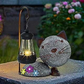 Glintoper Solar Garden Statue Cat Figurine with Lantern, Outdoor Metal Kitten Whimsical Lawn Porch Yard Art, Mothers Day Ideal Gifts, Lighted Ornaments for Patio Pathway Yard Decoration