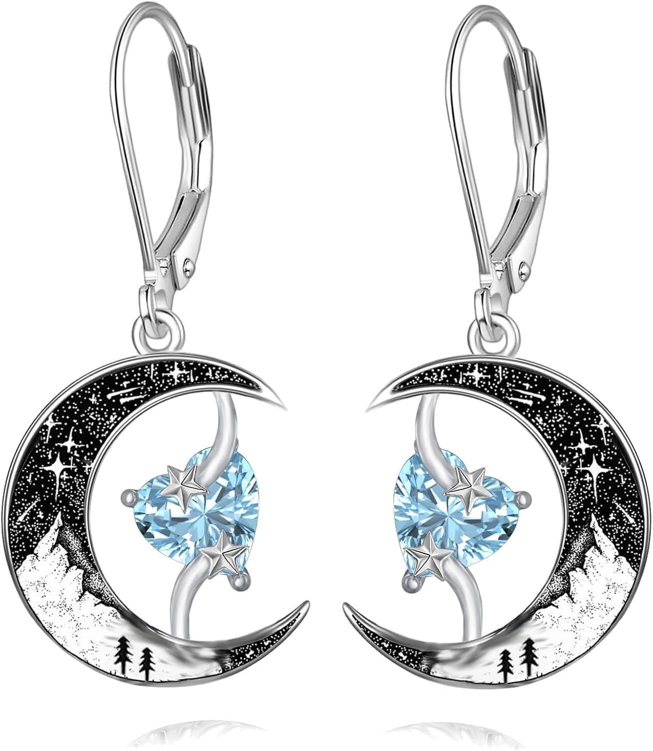 WASEE Black Moon Star Heart Birthstone Earrings 925 Sterling Silver Leverback Birthday Dangle Earrings Jewelry Gifts for Women