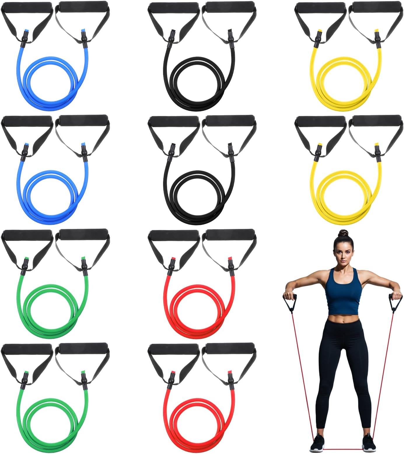 10 Pcs Exercise Resistance Bands with Handles, Exercise Stretch Bands, Physical Resistance Tube Workout Band for Women Men Muscle Toning Strength Training Physical Therapy Work